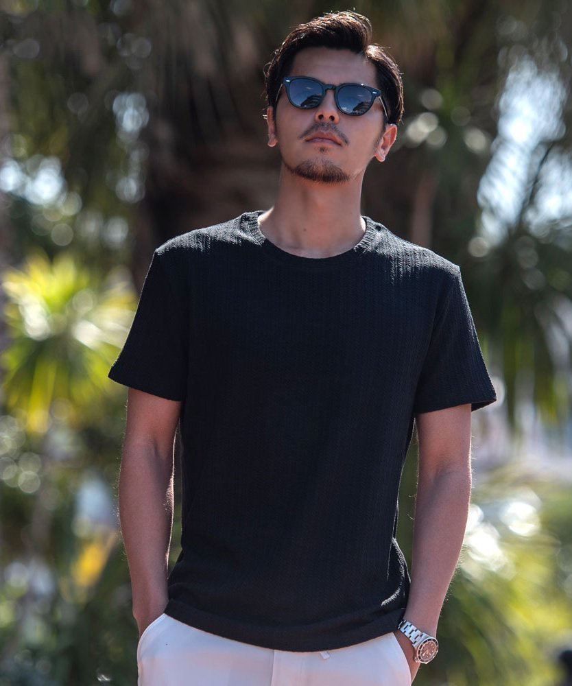 CavariA ストライプニットソー半袖クルーTシャツ シルバーバレット トップス カットソー・Tシャツ ネイビー ホワイト ブラック