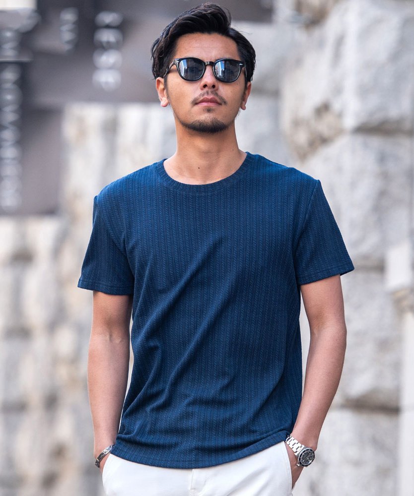 CavariA ストライプニットソー半袖クルーTシャツ シルバーバレット トップス カットソー・Tシャツ ネイビー ホワイト ブラック