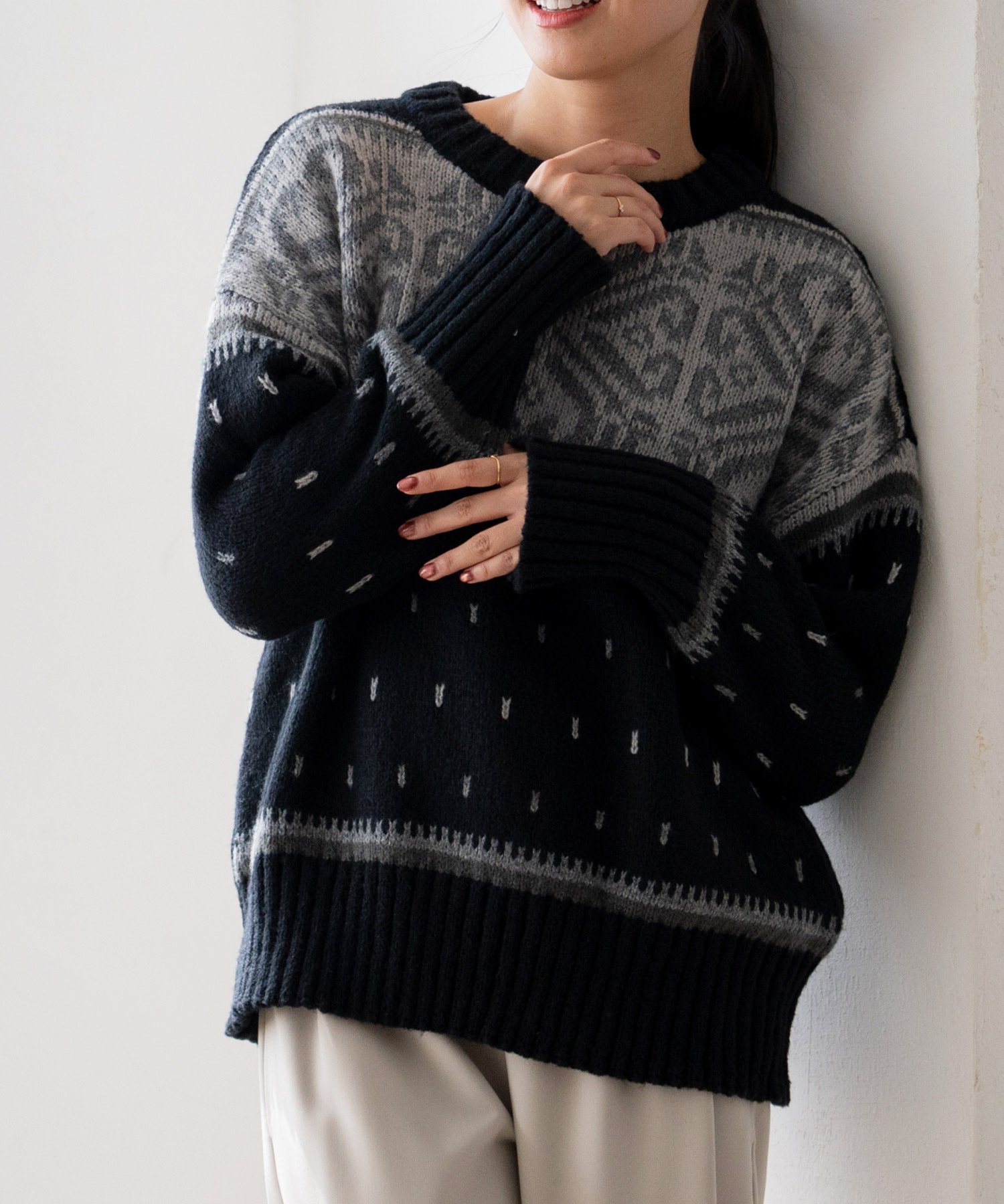 【SALE／56%OFF】aroco ノルディック柄ニット ヴィータフェリーチェ トップス ニット ブラック ホワイト オレンジ