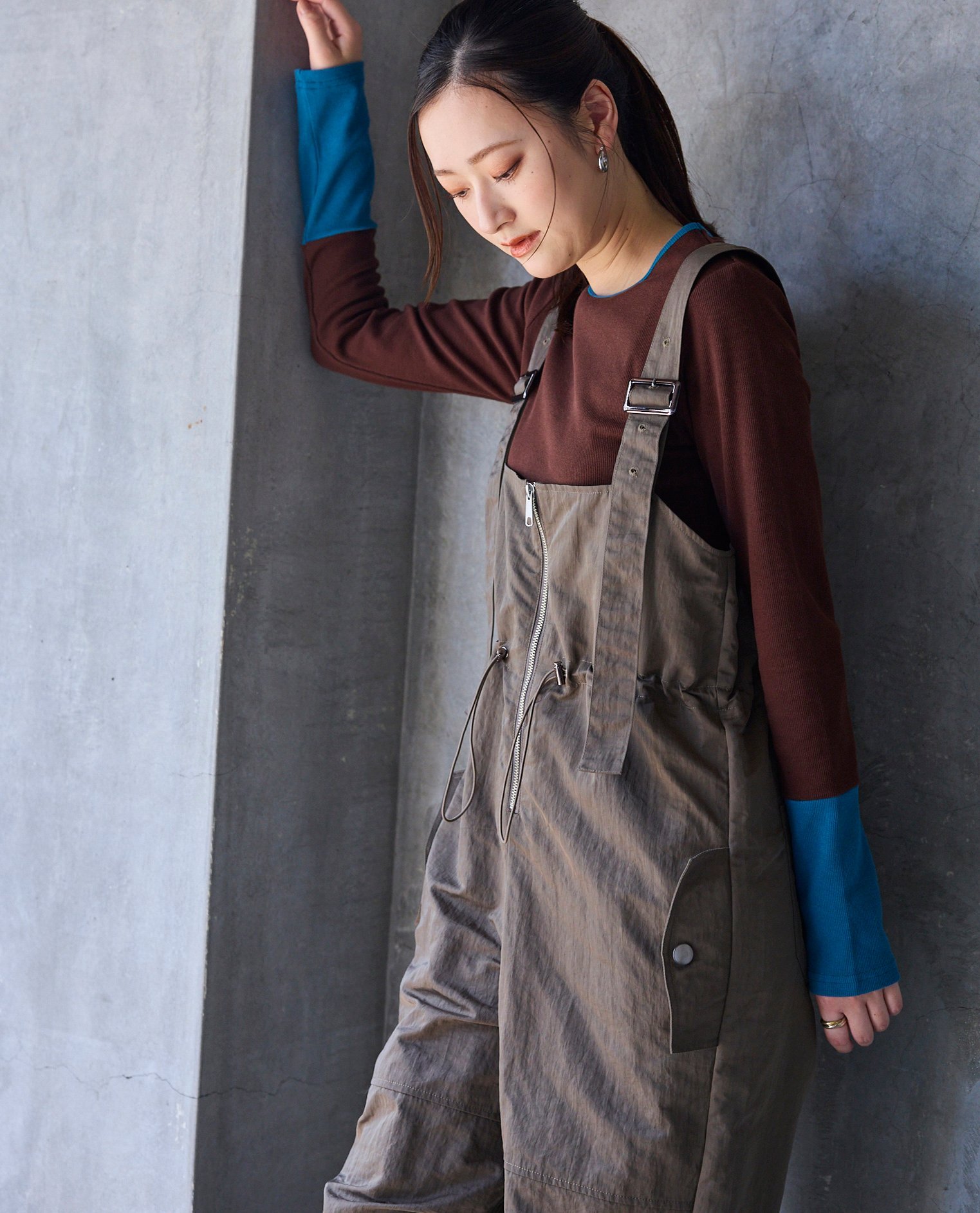 YEVS フロントZIPウエストギャザーサロペット イーブス オールインワン・オーバーオール オーバーオール・サロペット カーキグリーン ブラック ベージュ【送料無料】