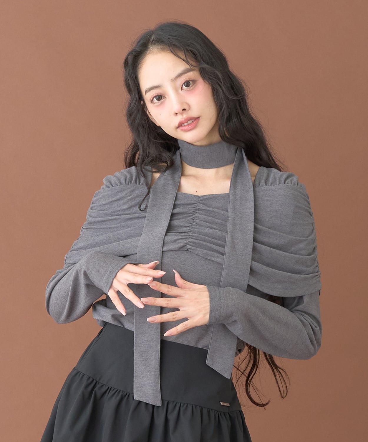 Mi-je タイ付ギャザーオフショルカットソー【韓国ファッション】 ナルミヤオンライン トップス カットソー・Tシャツ ホワイト グレー