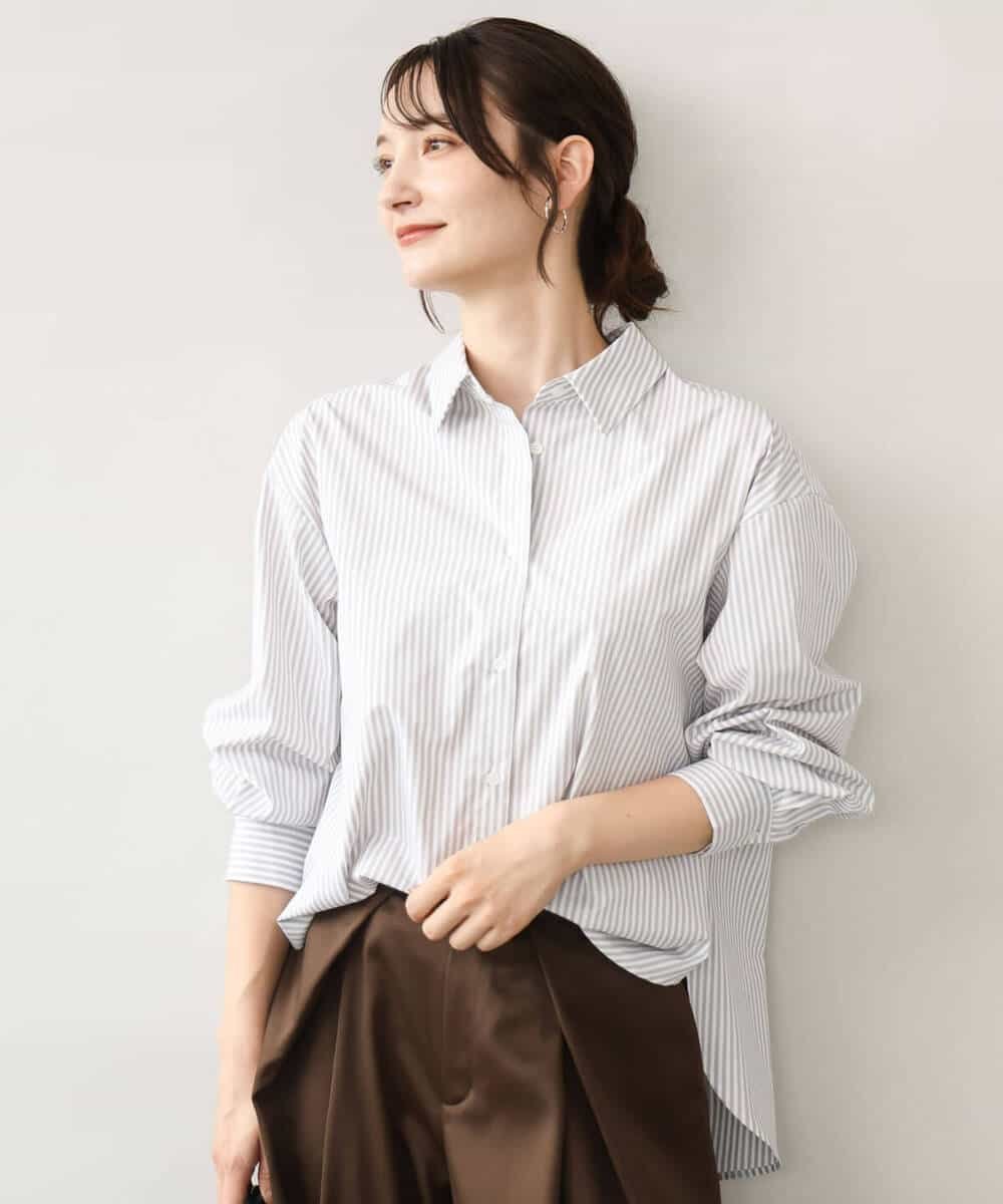 MK MICHEL KLEIN [防シワ/洗える]コットン混ベーシックシャツ(ストライプ) エムケーミッシェルクラン トップス シャツ・ブラウス ブルー