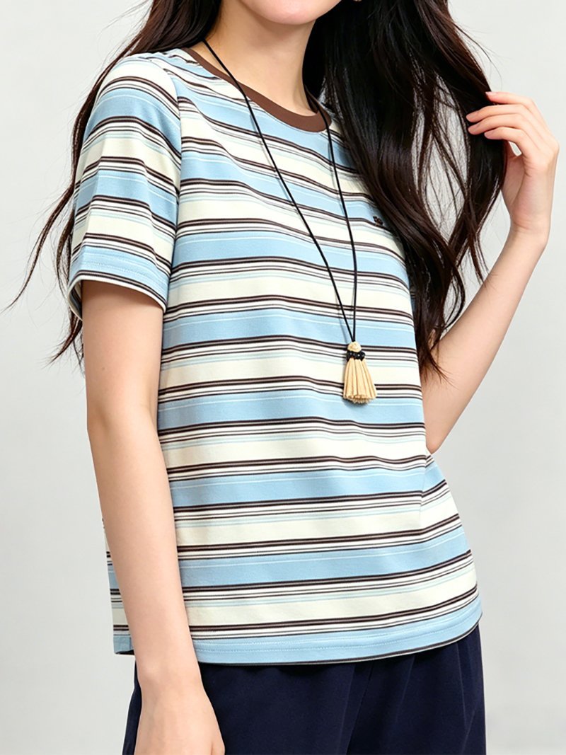 【SALE／25%OFF】Doux Belle 配色リブボーダー半袖Tシャツ レディース トップス ドゥー・ベル トップス カットソー・Tシャツ ブルー【送料無料】 stylife-15692629 Rakuten Fashion サンプル画像2