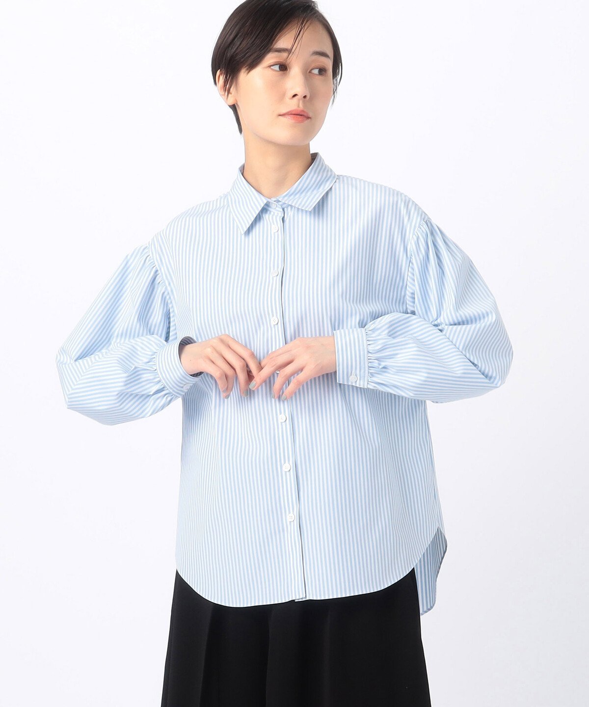 【SALE／70%OFF】Gabardine K.T ストライプブロード お袖たっぷりストライプブラウス コムサ トップス シャツ・ブラウス ネイビー ブルー グレー【送料無料】(4)