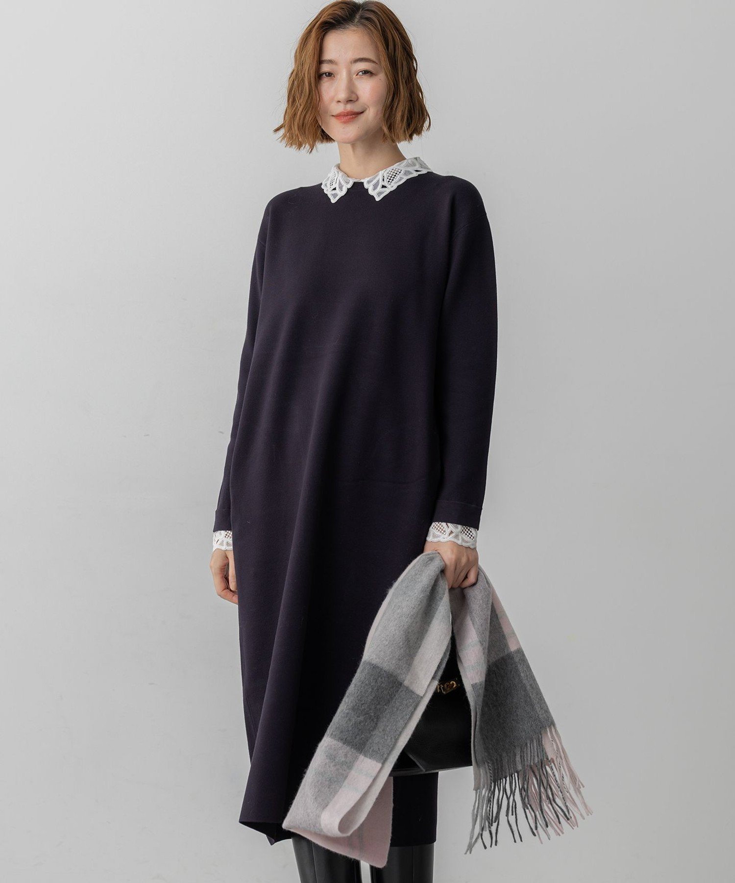 23区 【洗える/吊り干しOK】ヴィスコースストレッチ レース襟 ワンピース ニジュウサンク ワンピース・ドレス ワンピース ネイビー ブラック【送料無料】のサムネイル