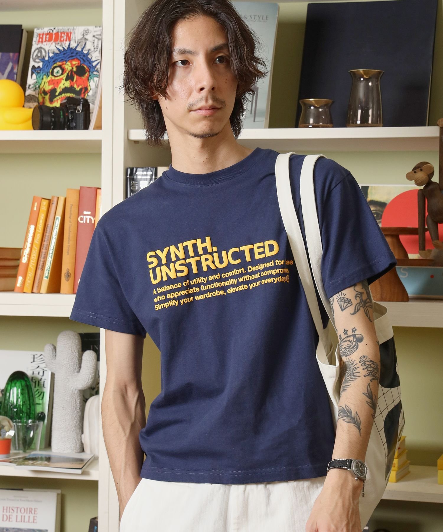 FFEIN 【FFEIN(フェイン)】パッケージ発泡ロゴTシャツ / Tシャツ クルーネック 半袖 プリント 発砲ロゴ【短丈】 ナバル トップス カットソー・Tシャツ ネイビー ブルー ホワイト グレー