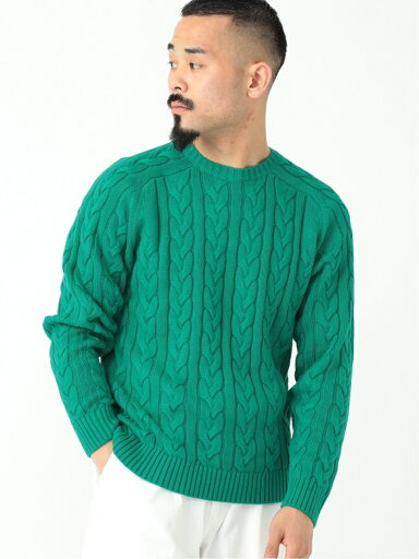 5-gauge Cotton Cable Crewneck Sweater 11-15-1323-103: Green 5-gauge Cotton Cable Crewneck Sweater 11-15-1323-103: Green