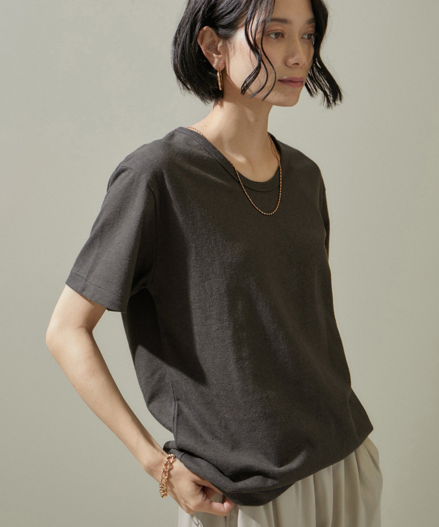 【SALE／20%OFF】SALON adam et rope' ヘンプコットンクルーネックTシャツ サロン アダム エ ロペ トップス カットソー・Tシャツ グレー ホワイト【送料無料】