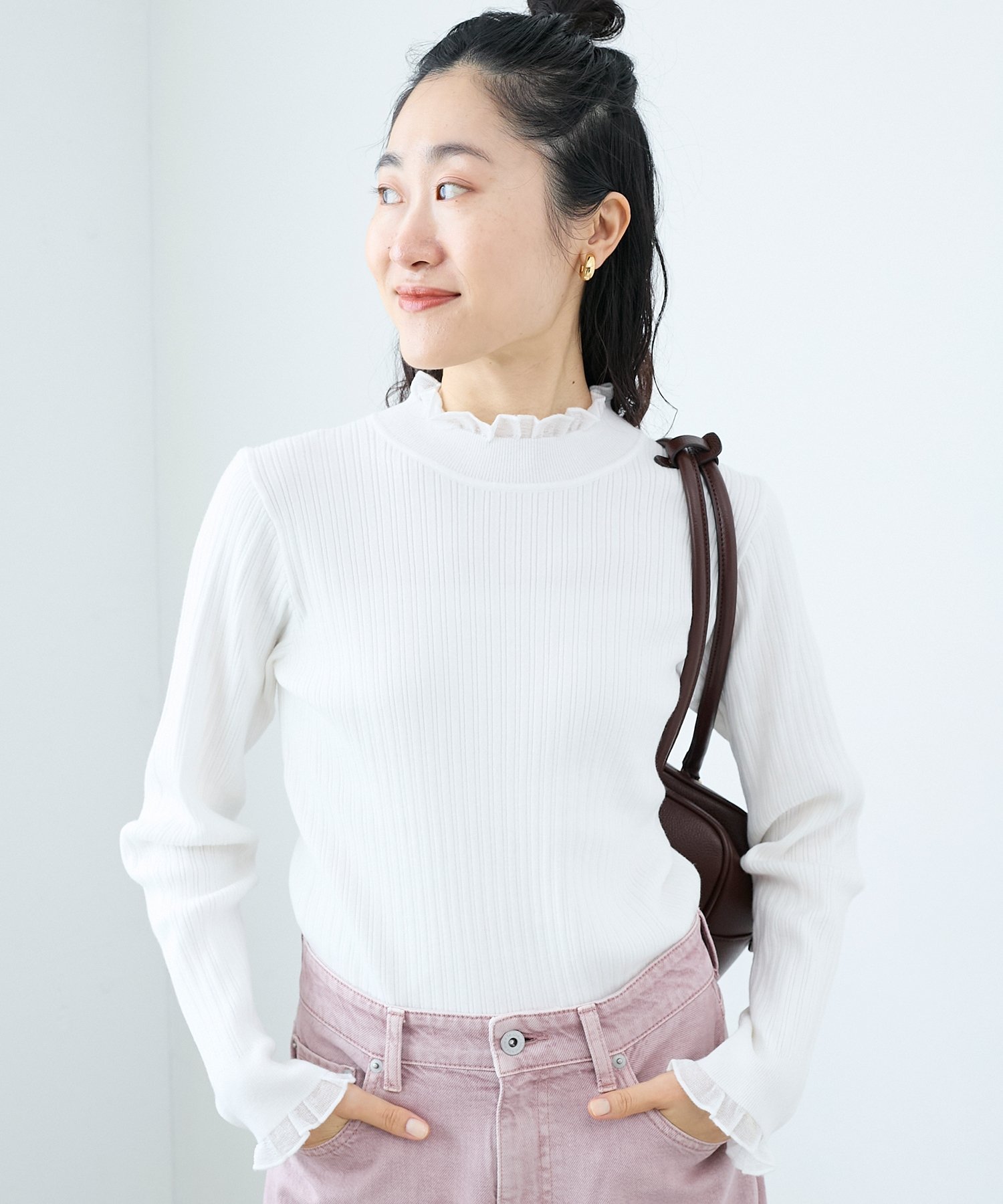 le.coeur blanc 《手洗い可能》シアーフリルリブニット ルクールブラン トップス ニット ブラック グレー ホワイト ブラウン