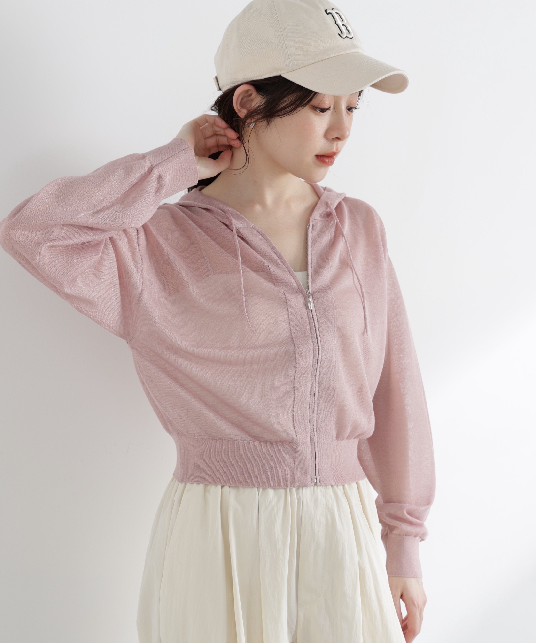PROPORTION BODY DRESSING ＜a/mie＞シアーニットパーカー プロポーションボディドレッシング トップス ニット イエロー ホワイト ネイビー ピンク