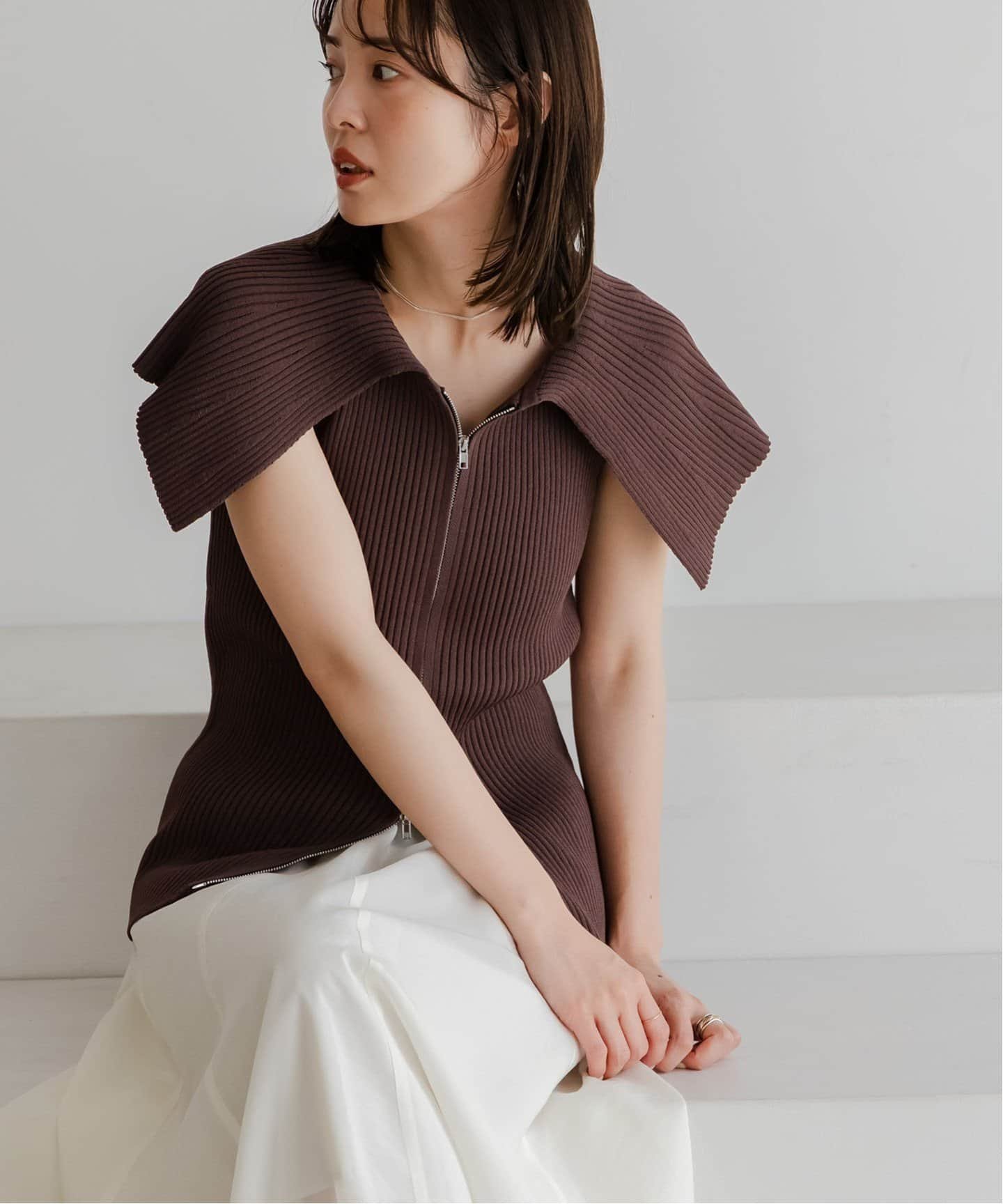 【SALE／30%OFF】NOBLE ケープカラー リブジッププルオーバー ノーブル トップス ニット ネイビー ブラウン【送料無料】のサムネイル