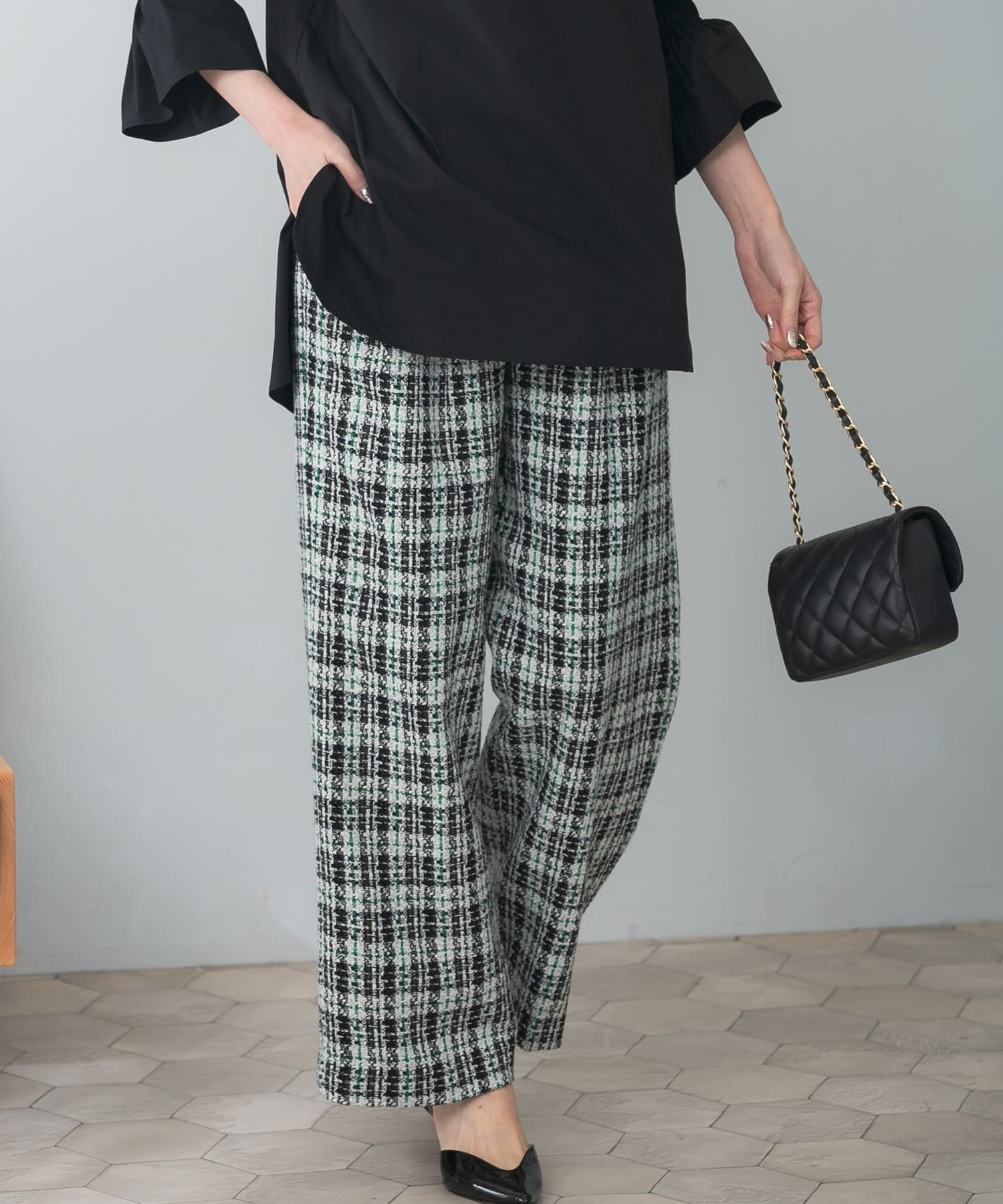 【SALE／50%OFF】URBAN RESEARCH ROSSO ツイードタックワイドパンツ アーバンリサーチロッソ パンツ その他のパンツ グリーン ブラック【送料無料】のサムネイル