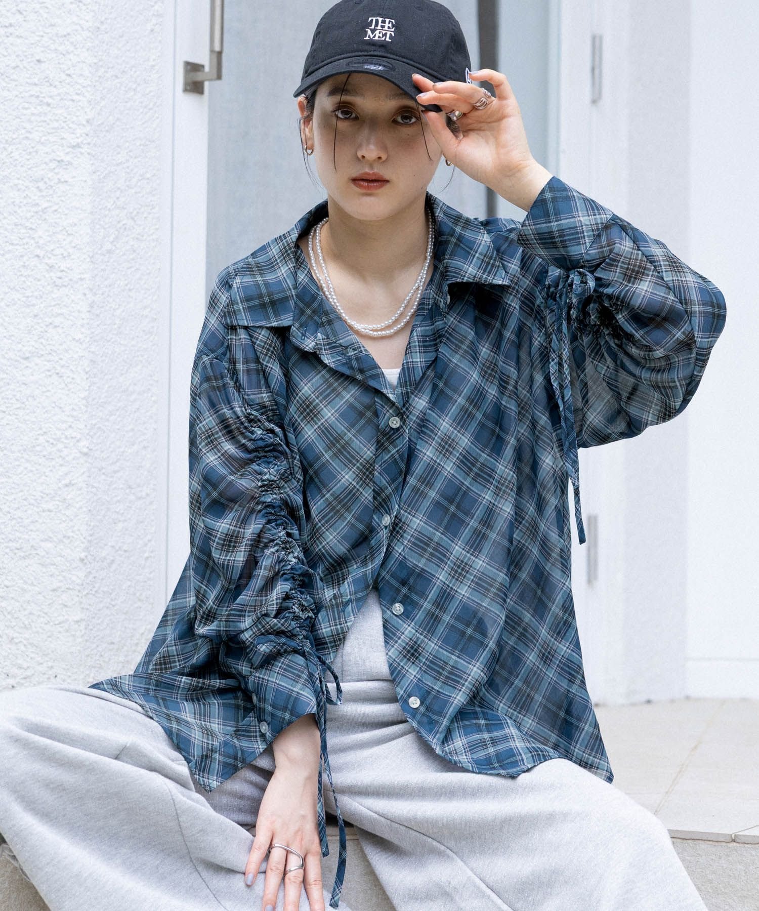 RAGEBLUE 【WOMENS】袖シャーリングBIGチェックシアーシャツ レイジブルー トップス シャツ・ブラウス ブラウン ブルー