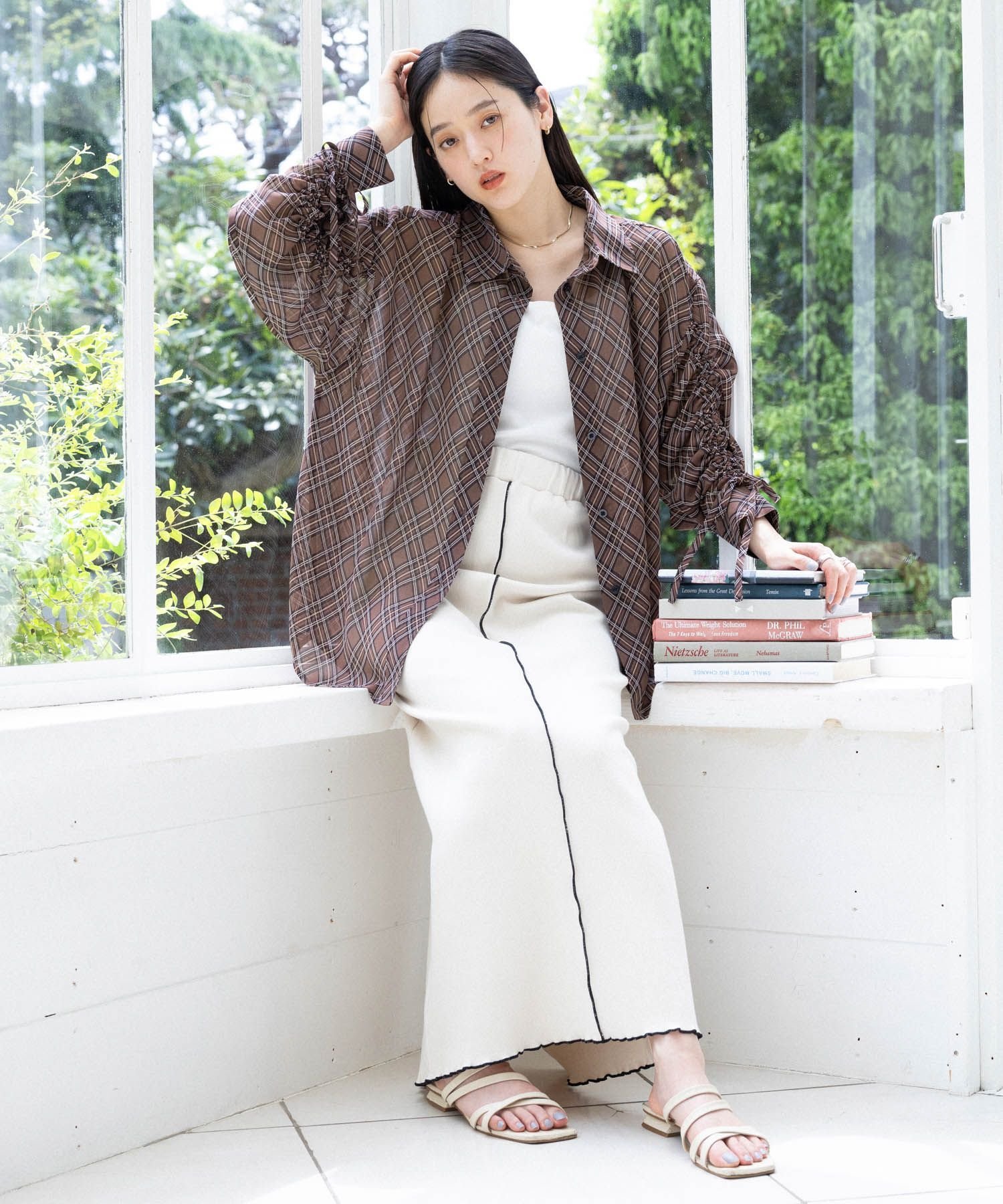 RAGEBLUE 【WOMENS】袖シャーリングBIGチェックシアーシャツ レイジブルー トップス シャツ・ブラウス ブラウン ブルー