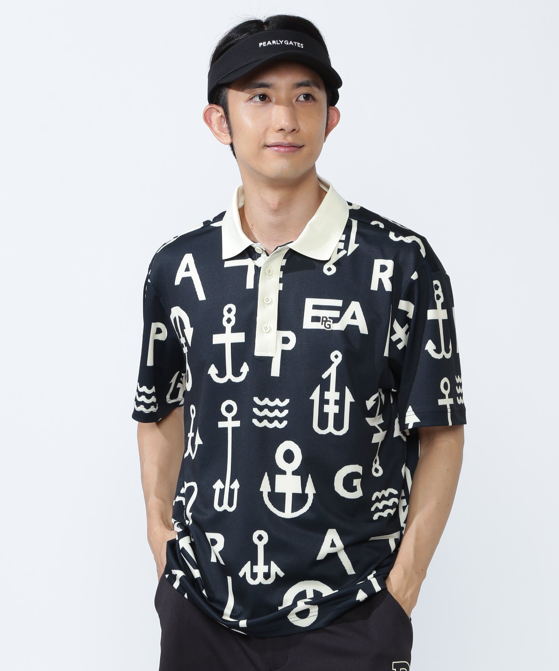 PEARLY GATES 梨地半袖ポロシャツ ＜アンカーロゴ総柄＞ パーリーゲイツ トップス ポロシャツ ブラック..