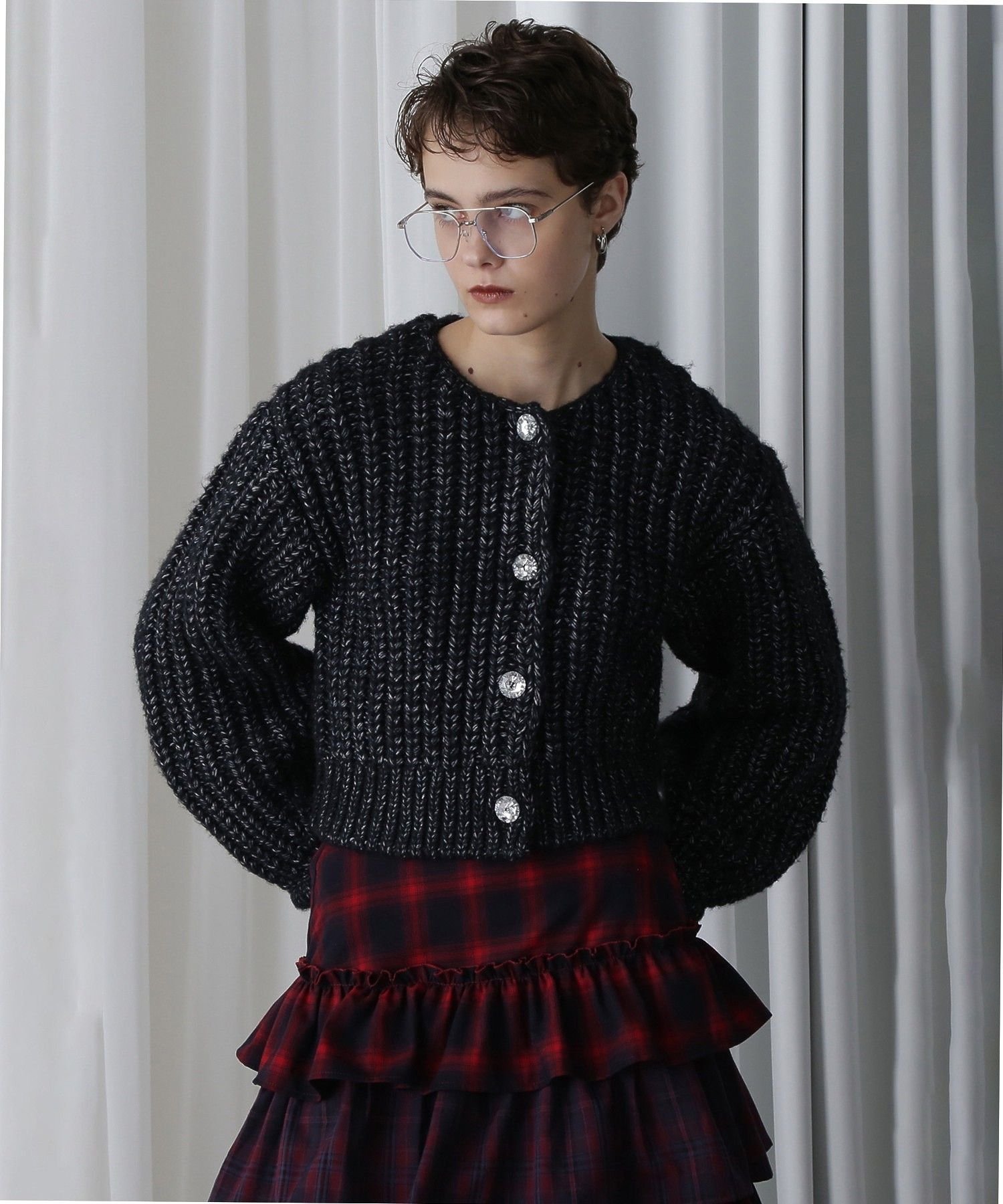 ROSE BUD LOW GAUGE KNIT CARDIGAN ローズバッド トップス ニット ブラック ピンク