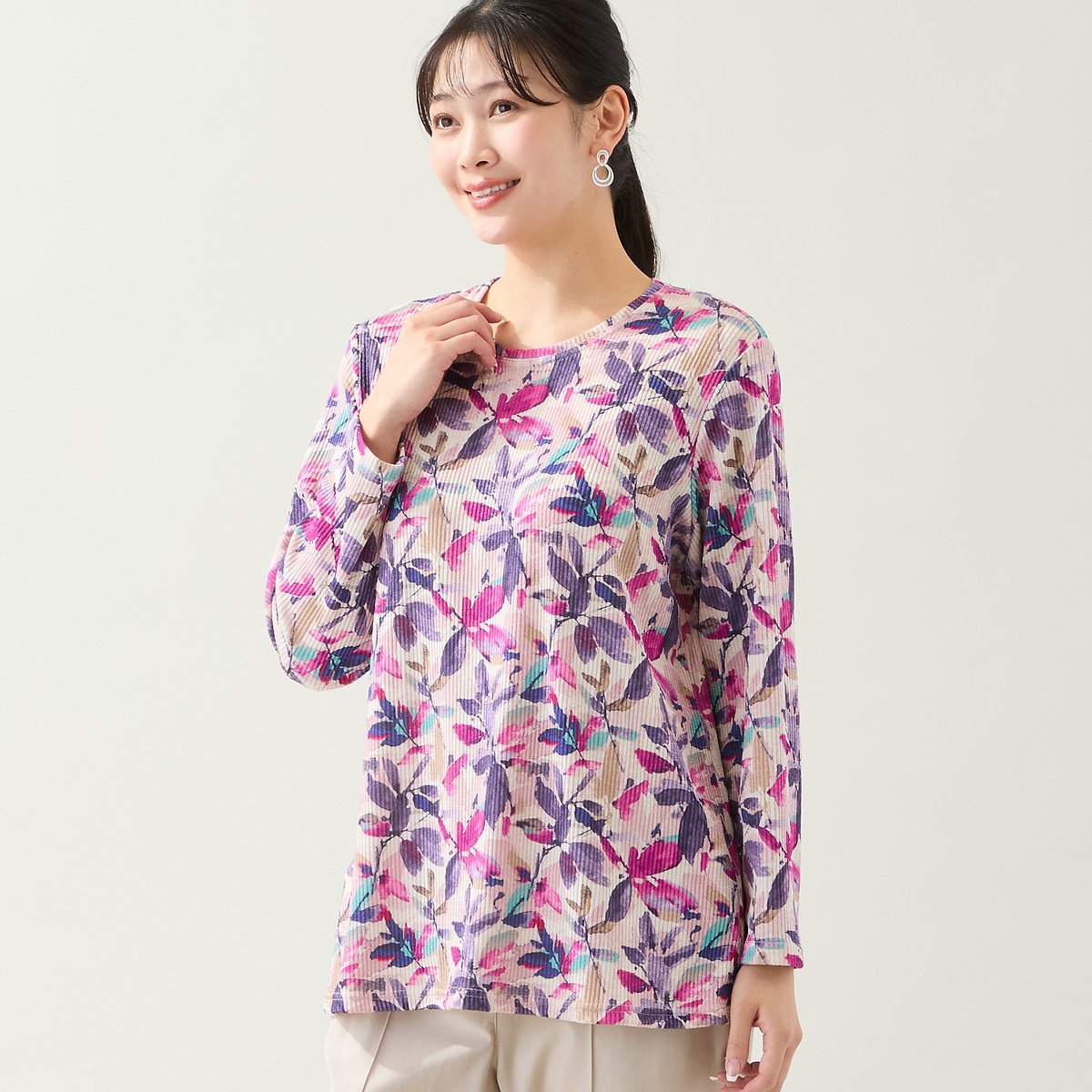 missel 【洗える・日本製・L~3Lサイズ】テレコニットリーフ柄カットソー ミゼール トップス カットソー・Tシャツ ピンク グリーン