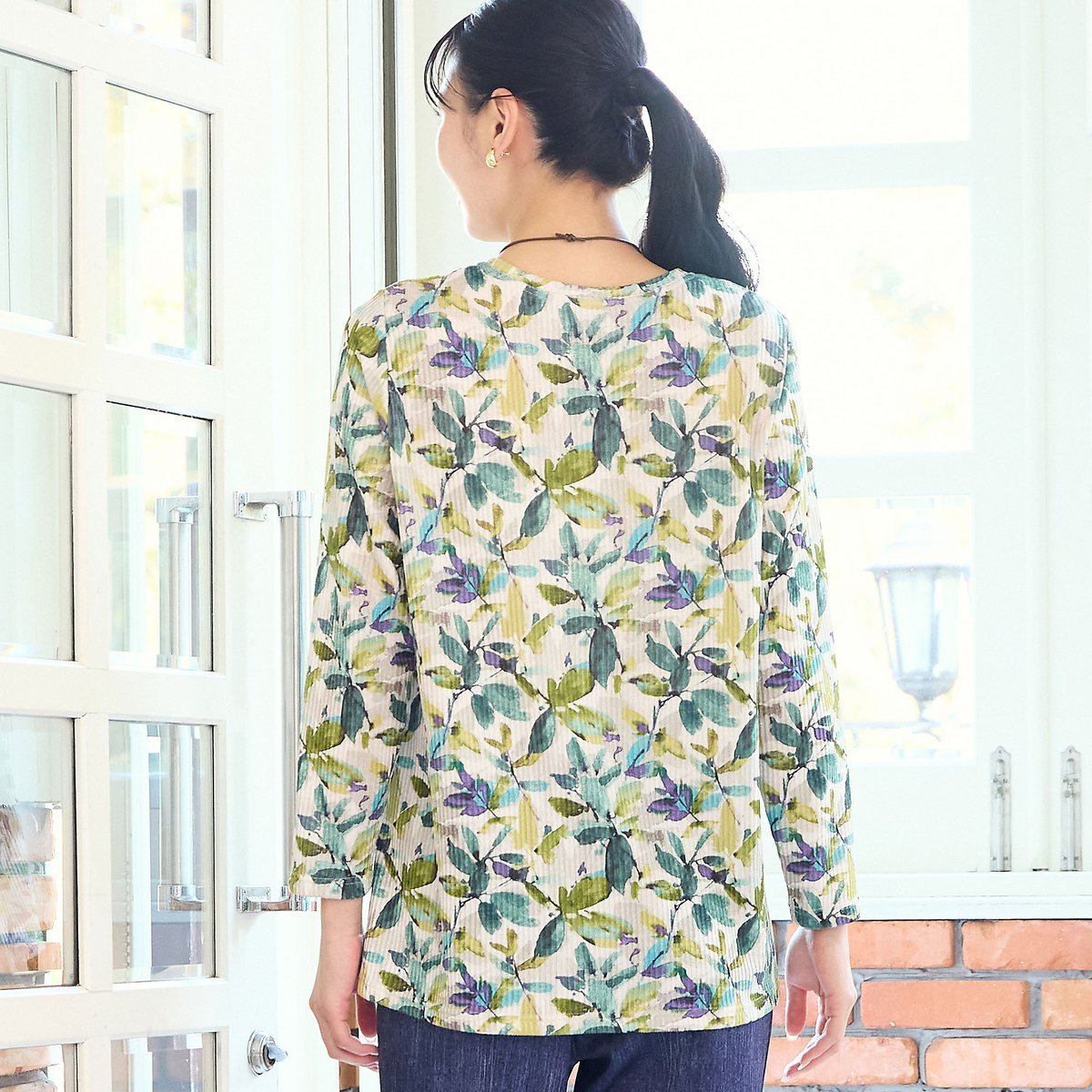 missel 【洗える・日本製・L~3Lサイズ】テレコニットリーフ柄カットソー ミゼール トップス カットソー・Tシャツ ピンク グリーン