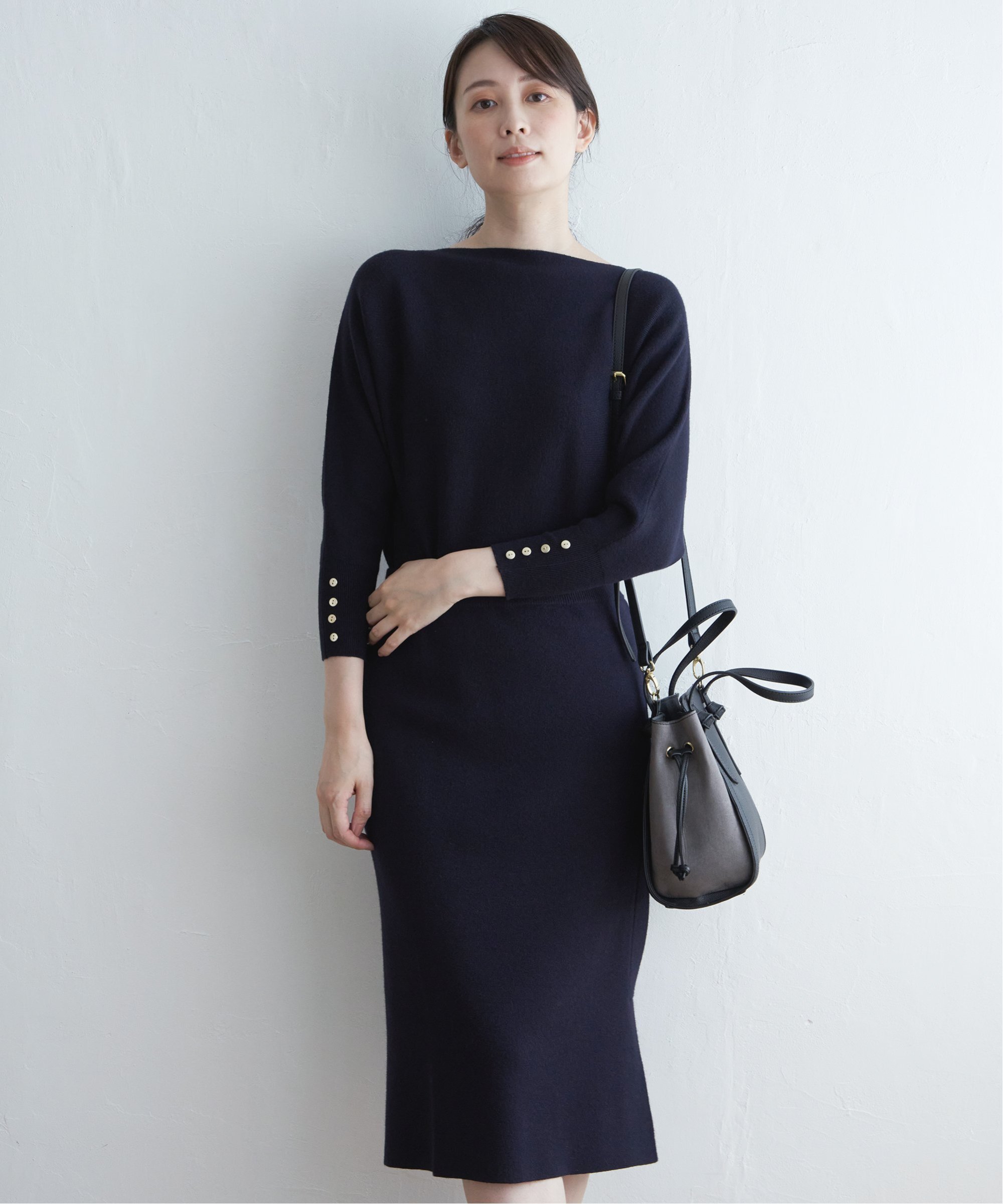 IKKA LOUNGE 【洗濯機で洗える/2点セット】ウォッシャブルニットSET イッカ ワンピース・ドレス ワンピース ブラウン ネイビー
