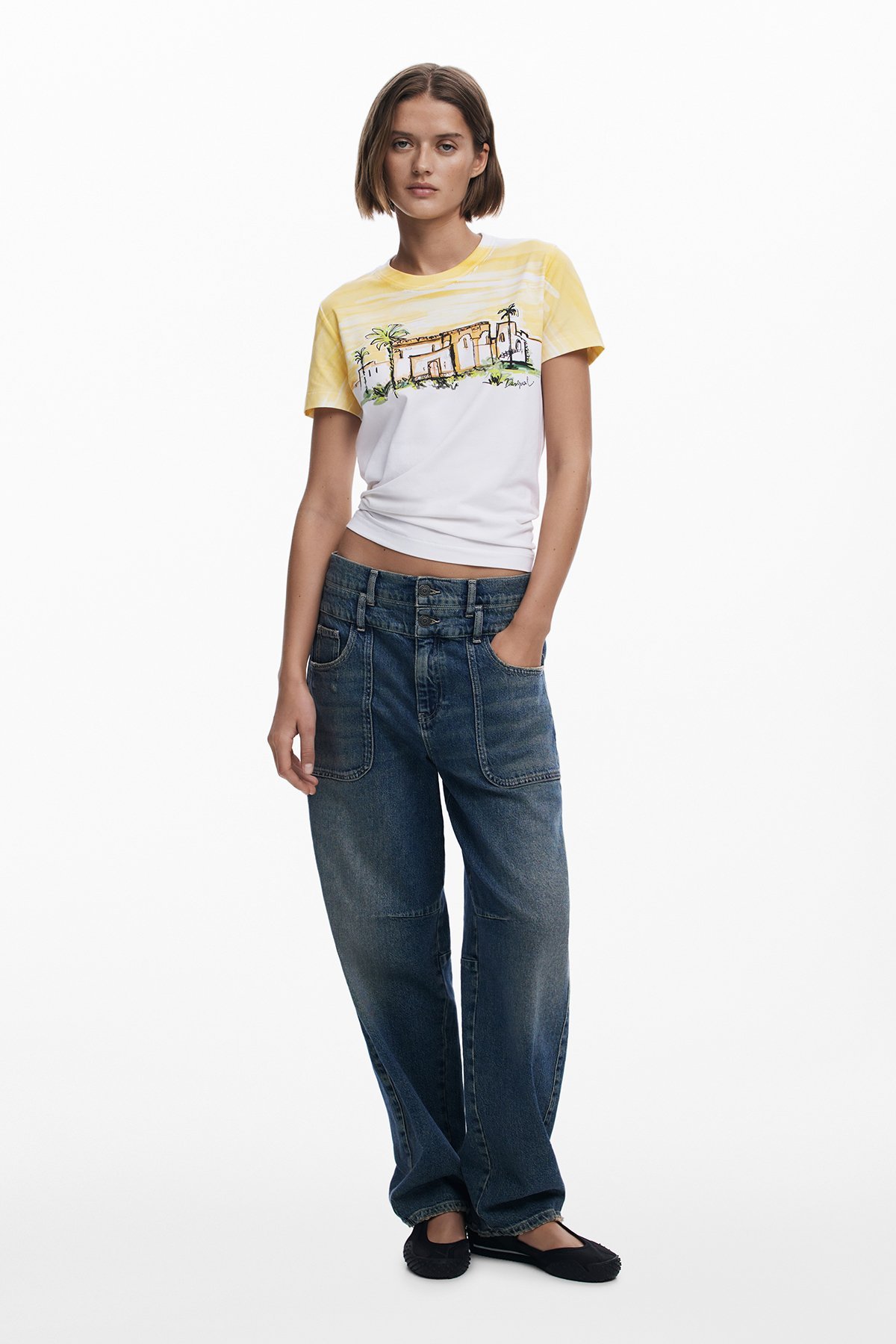 パームツリープリント 半袖ミニTシャツ デシグアル トップス カットソー・Tシャツ グレー イエロー