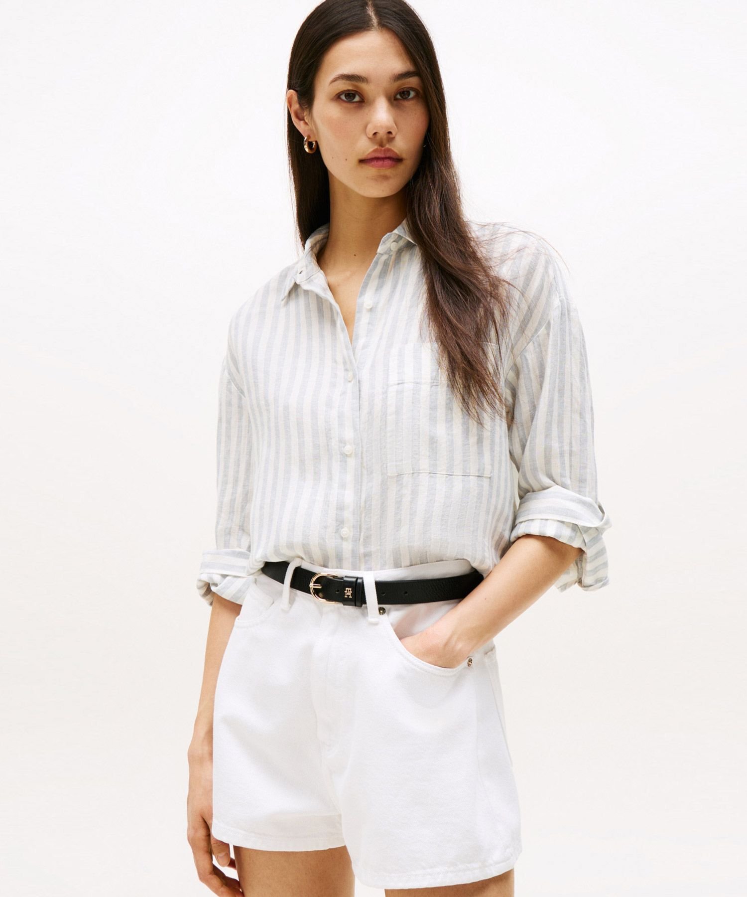 TOMMY HILFIGER リネンイージーシャツ トミーヒルフィガー トップス シャツ・ブラウス ホワイト ブラック【送料無料】