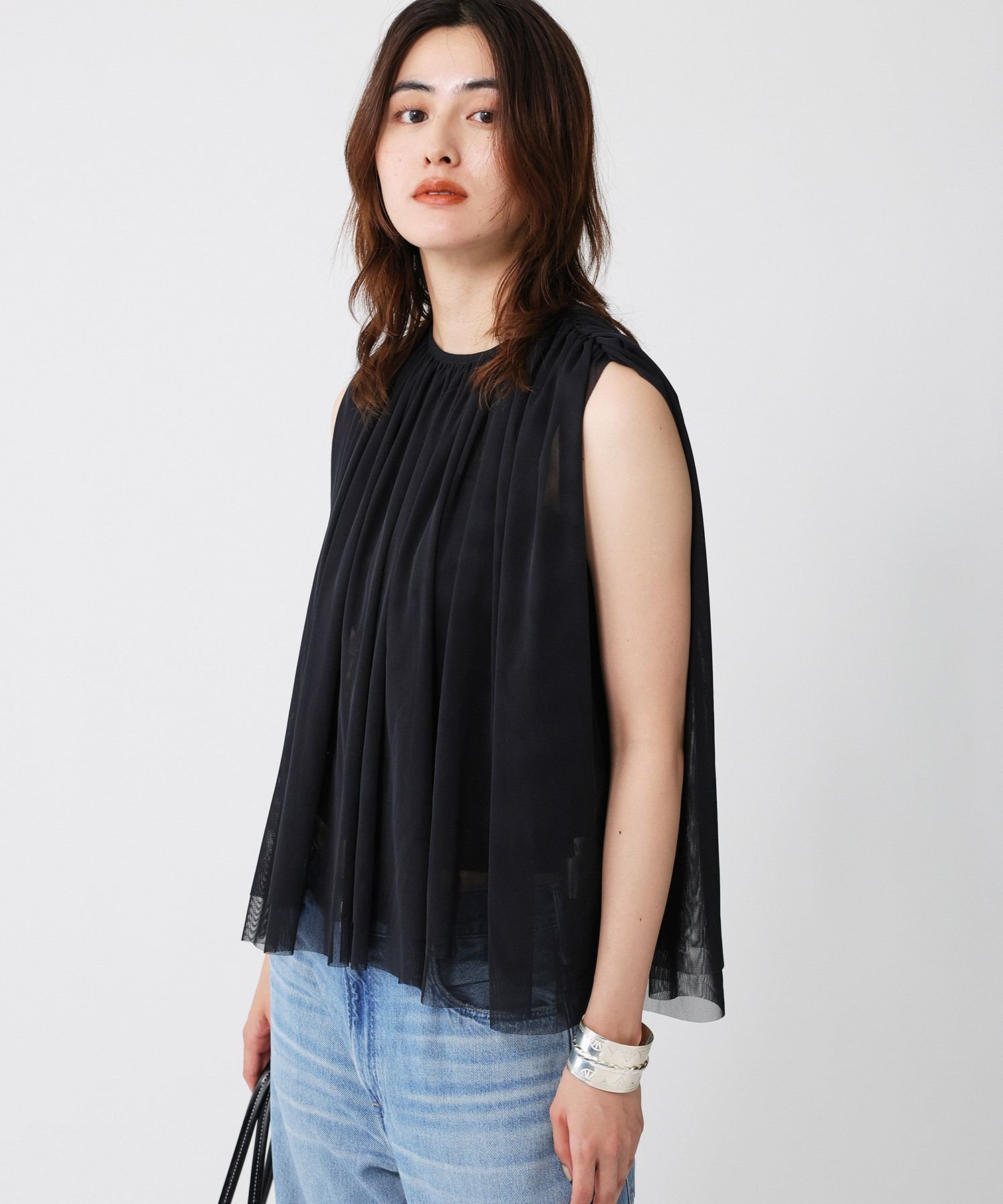 【SALE／50%OFF】BABYLONE 【吸汗加工】ダブルチュールノースリブラウス バビロン トップス シャツ・ブラウス ワインレッド ブラック【送料無料】