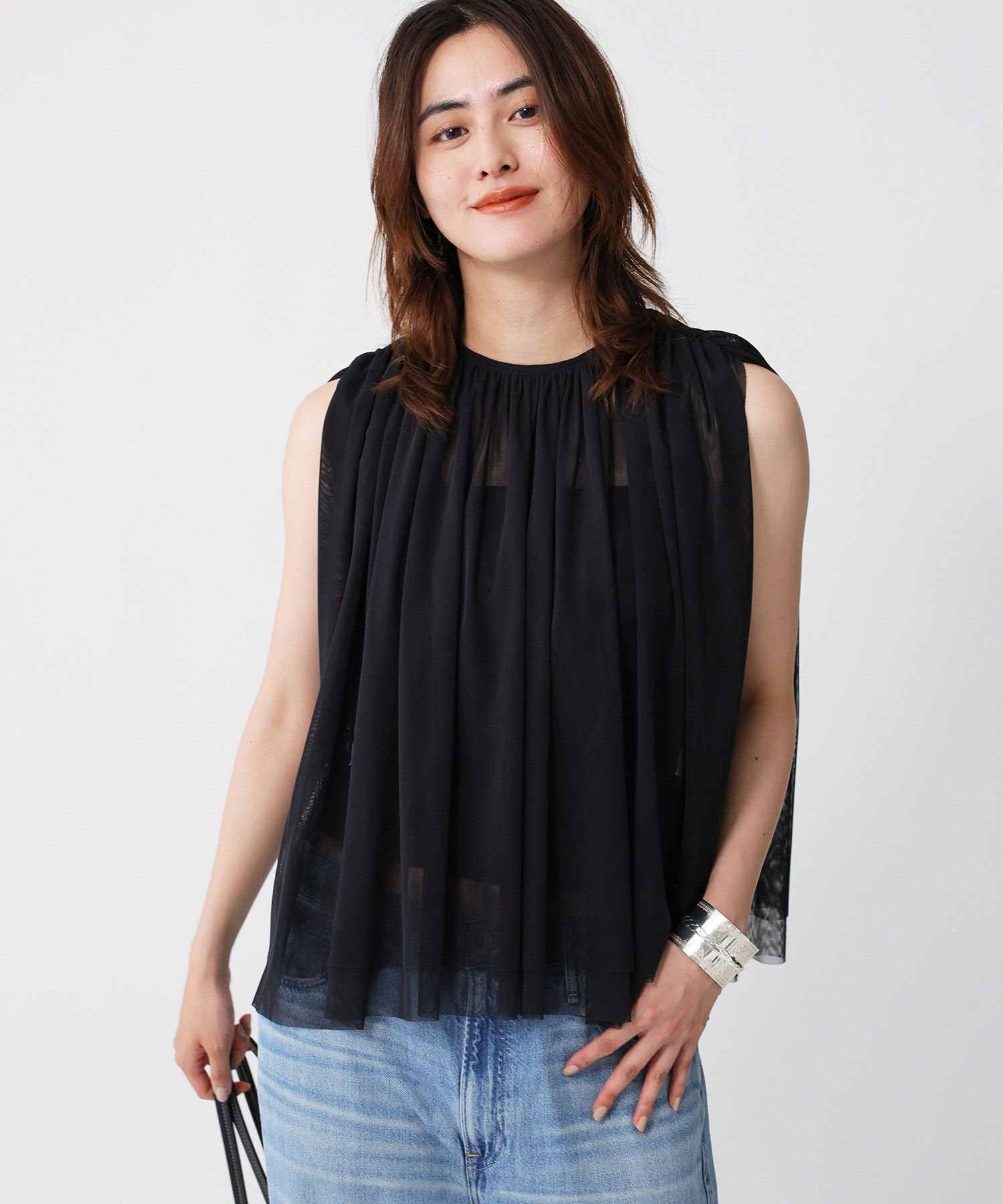 【SALE／50%OFF】BABYLONE 【吸汗加工】ダブルチュールノースリブラウス バビロン トップス シャツ・ブラウス ワインレッド ブラック【送料無料】
