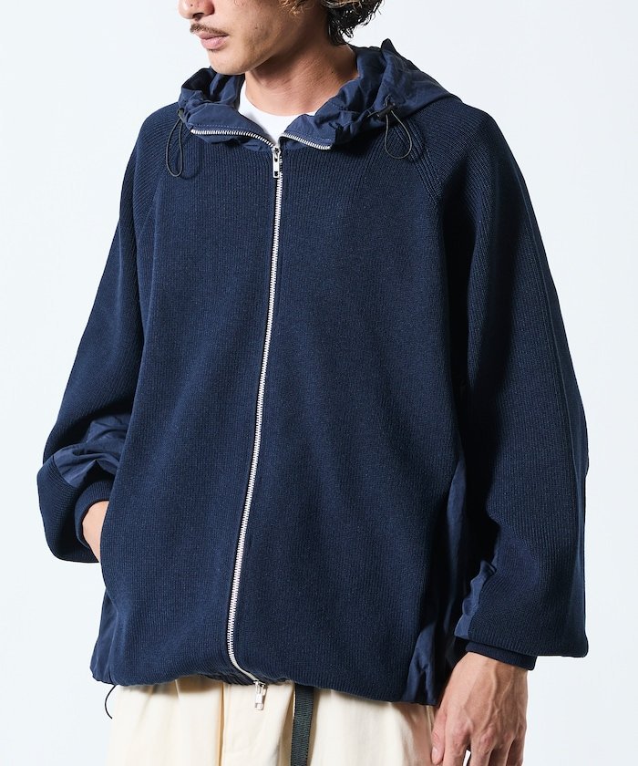 【SALE／61%OFF】FREAK'S STORE リラックスフィット ナイロン切り替え ドッキング ニット ジップアップ パーカー 【限定展開】 25AW フリークスストア トップス パーカー・フーディー ネイビー ブラック グレー