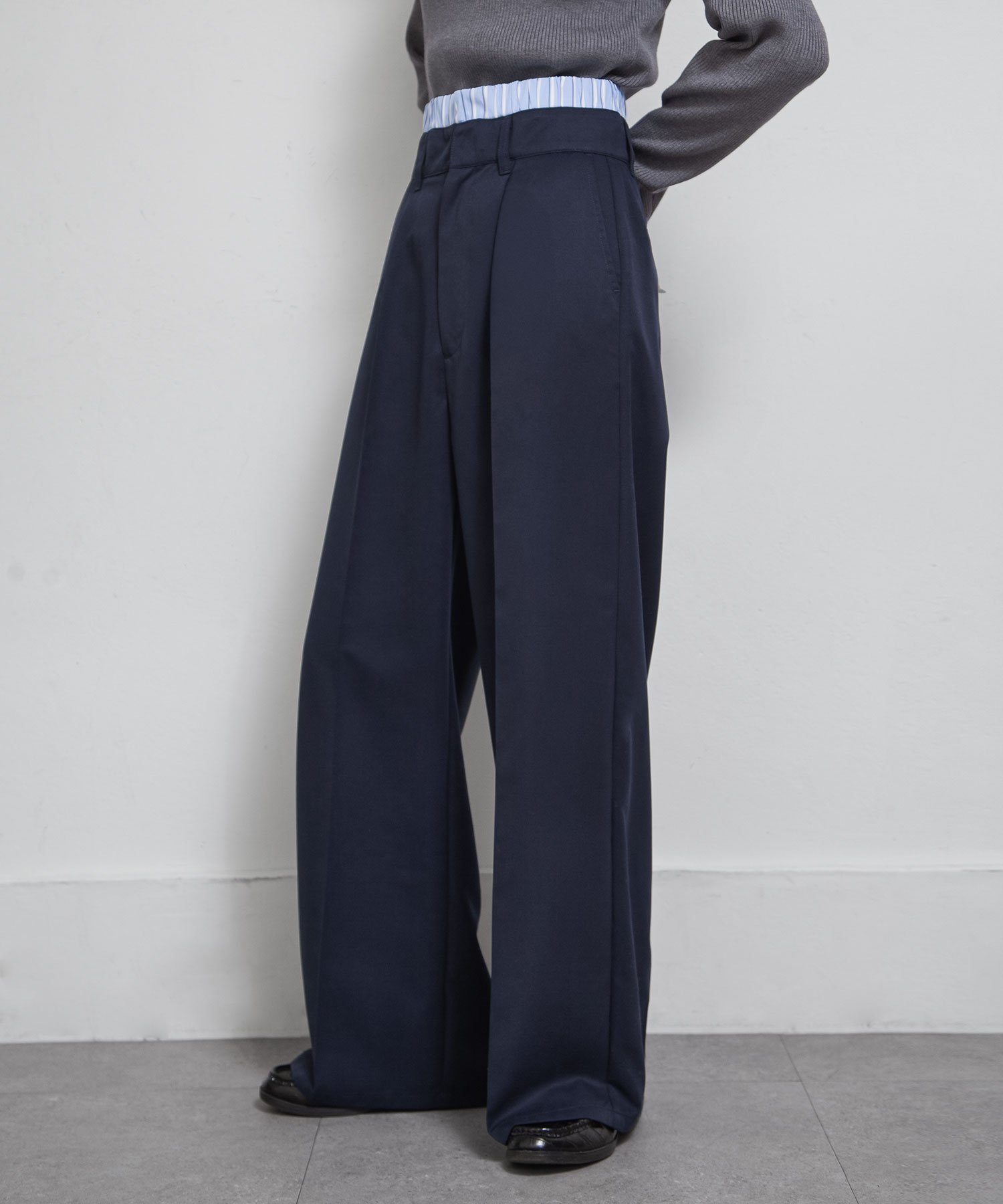 Chillfar 【az24271c】Chillfar ダブルウエストタックワイドストレートスラックス チルファー パンツ スラックス・ドレスパンツ グレー ブラック ネイビー