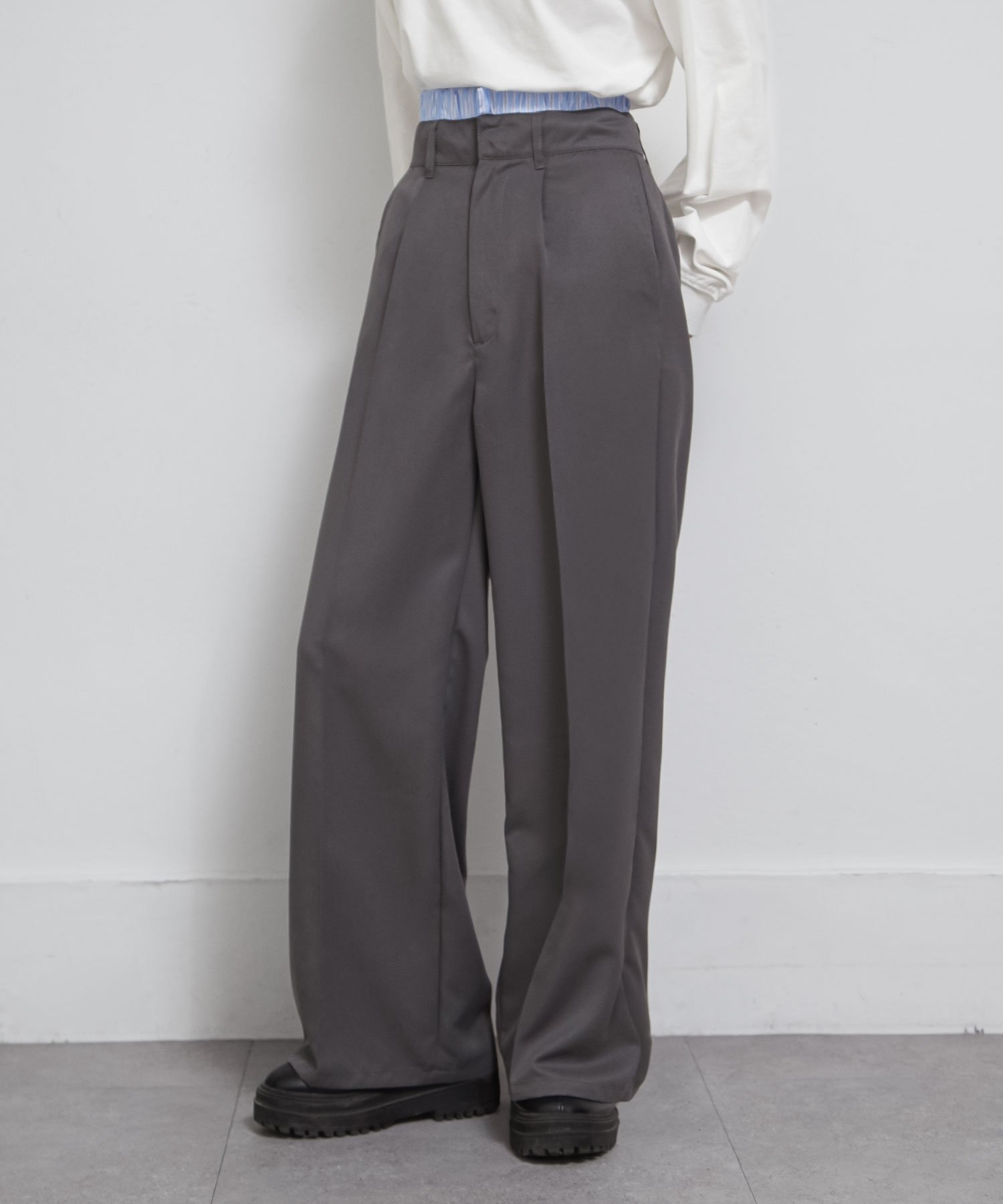 Chillfar 【az24271c】Chillfar ダブルウエストタックワイドストレートスラックス チルファー パンツ スラックス・ドレスパンツ グレー ブラック ネイビー