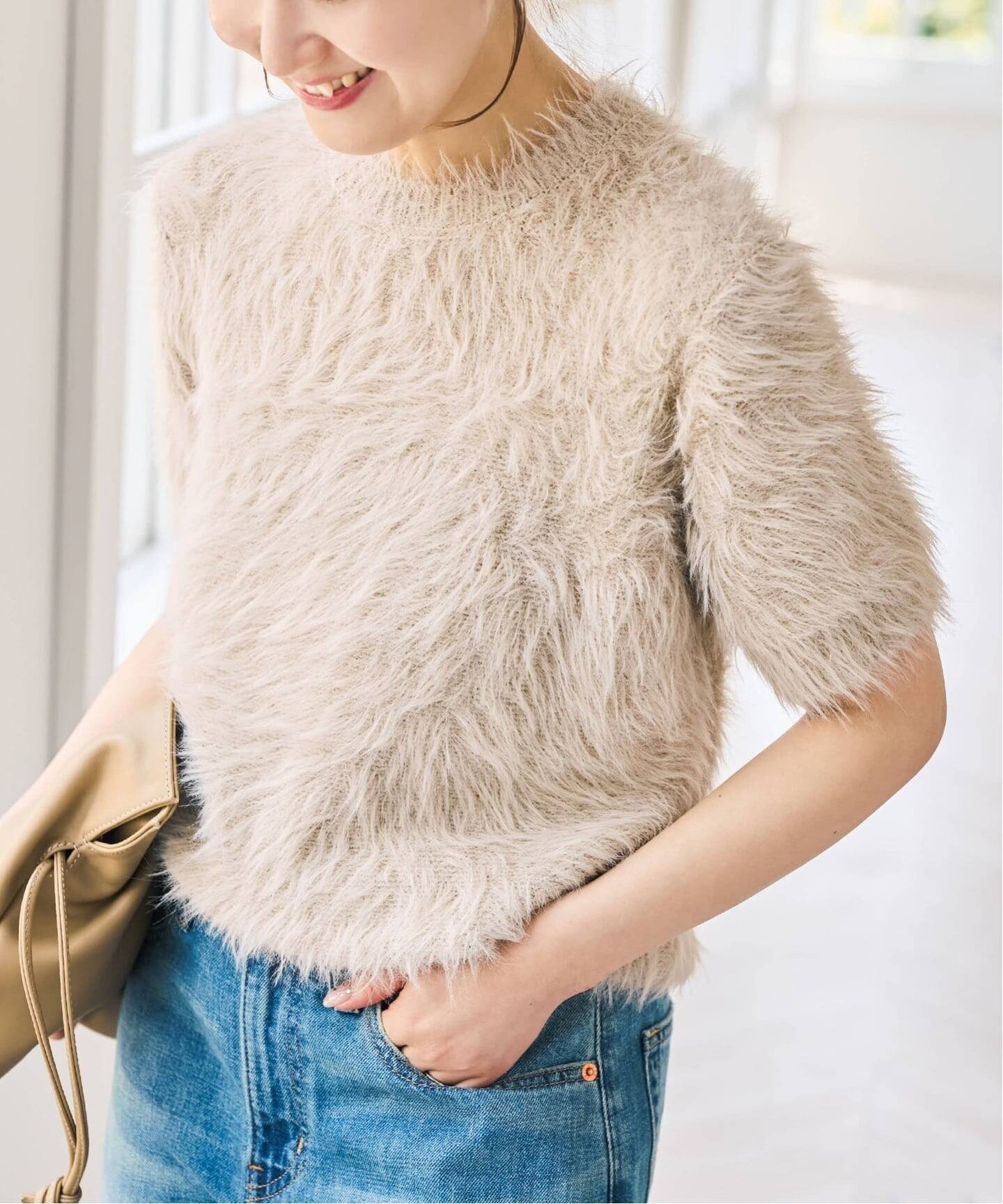 Spick & Span 《新色 / 追加》フェザーヤーンハーフスリーブニット スピックアンドスパン トップス ニット ネイビー ベージュ ワインレッド