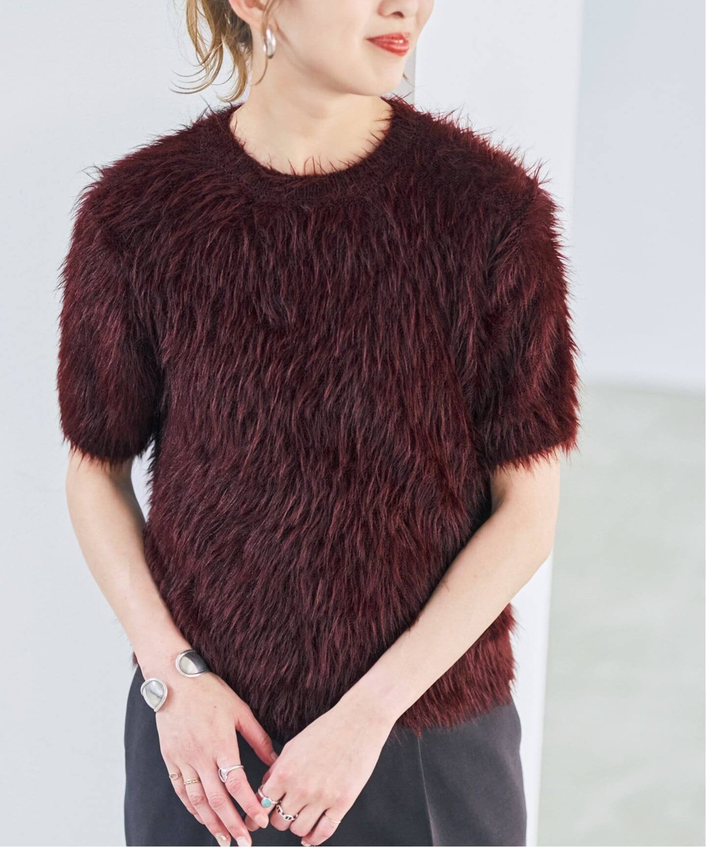 Spick & Span 《新色 / 追加》フェザーヤーンハーフスリーブニット スピックアンドスパン トップス ニット ネイビー ベージュ ワインレッド