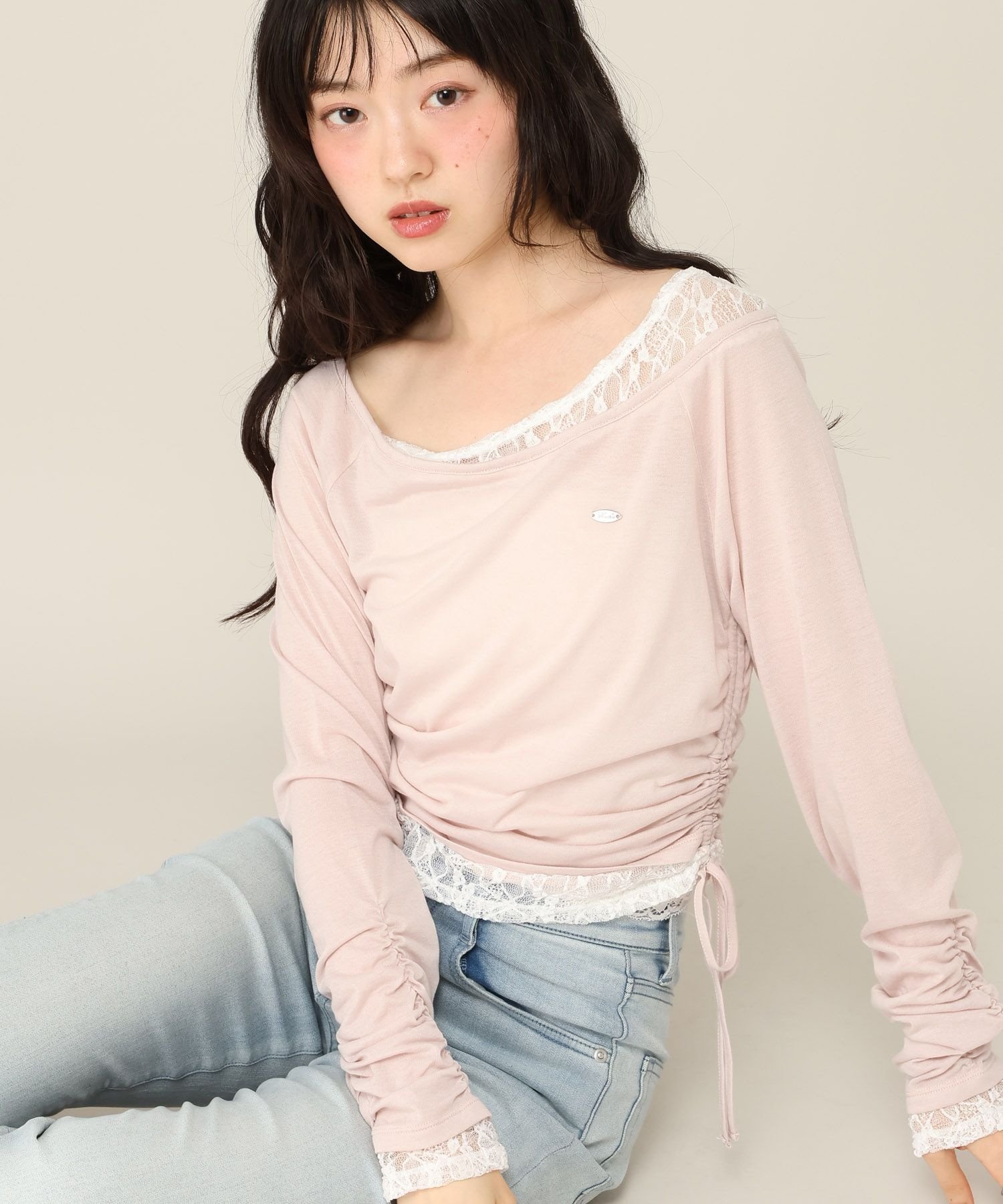 Heather レイヤードシアーカットソー ヘザー トップス カットソー・Tシャツ グレー ピンク