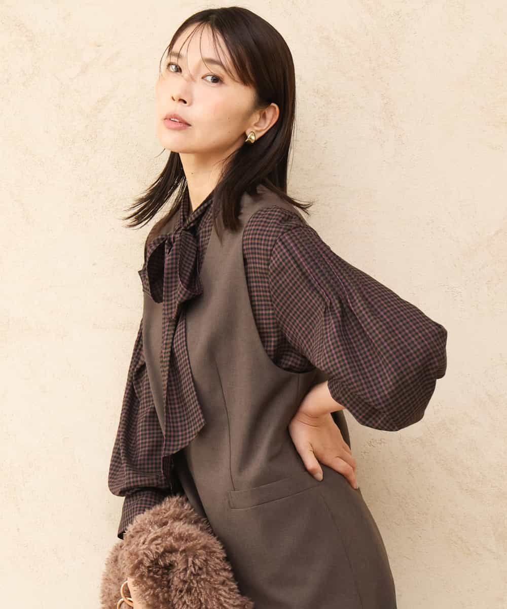 MK MICHEL KLEIN [洗える]ボウ付きシアーチェックブラウス エムケーミッシェルクラン トップス シャツ・ブラウス ブラウン カーキグリーン