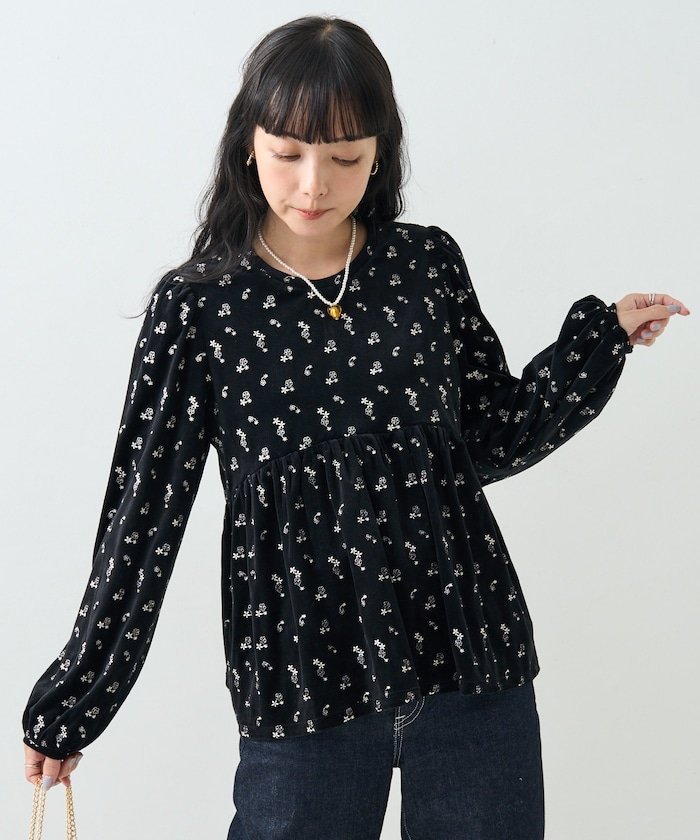 【SALE／65%OFF】FREAK'S STORE ベロア フラワー刺繍 ペプラム プルオーバー フリークスストア トップス カットソー・Tシャツ ブラック ベージュのサムネイル