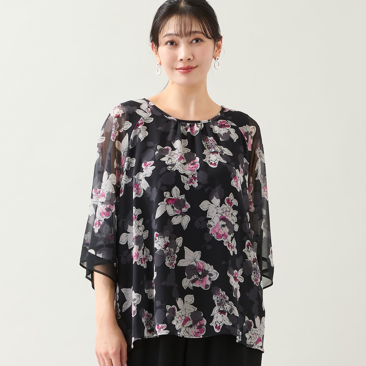 missel 【洗える・セットアップ可・3Lサイズあり】シフォンフラワーブラウス ミゼール トップス シャツ・ブラウス ブラック
