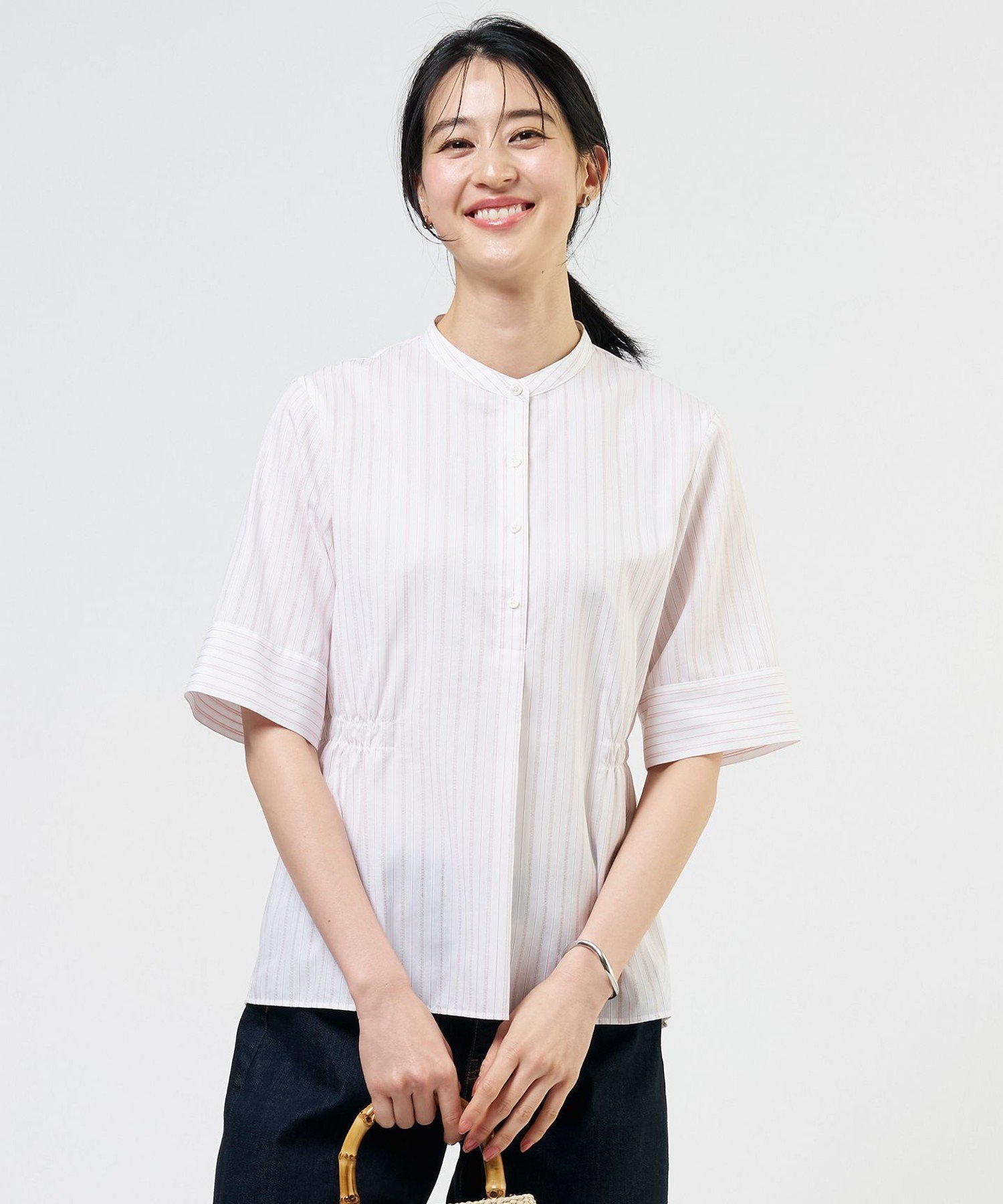 J.PRESS 【シーンレスに活躍】セルロースカラミストライプ バンドカラー ブラウス ジェイプレス トップス シャツ・ブラウス ホワイト ネイビー ブルー