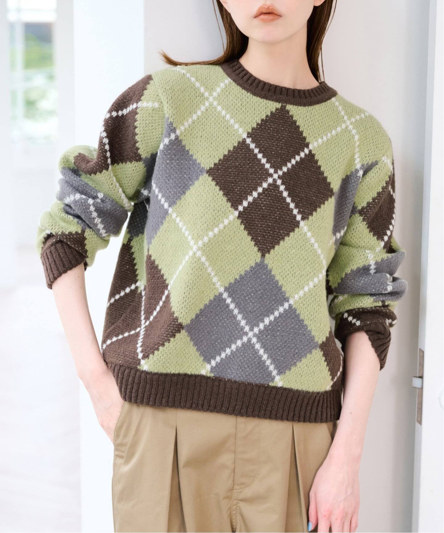 U by SPICK&SPAN 《予約》ダブルジャガードアーガイルニット ユーバイスピックアンドスパン トップス ニット ブラウン ネイビー