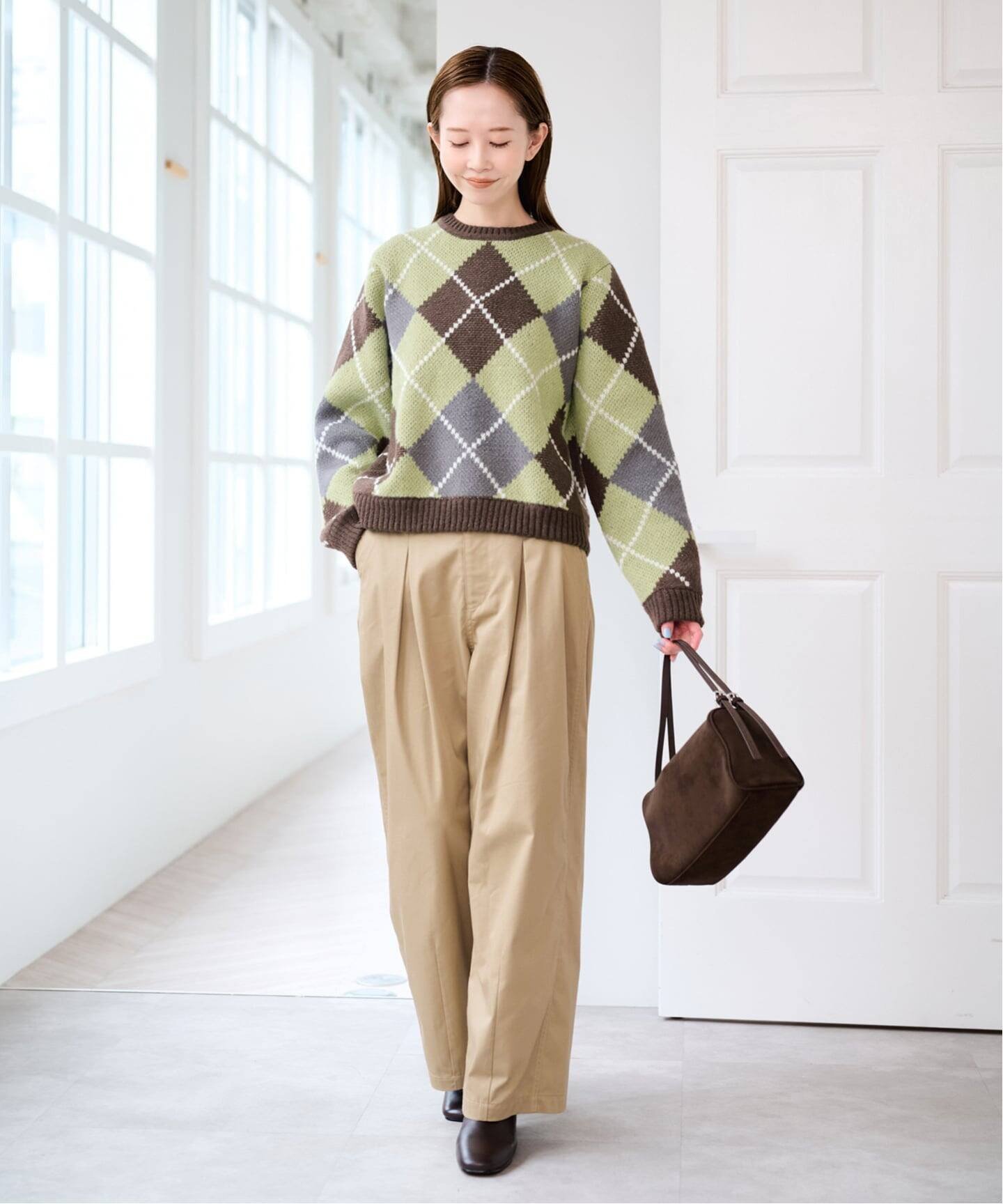 U by SPICK&SPAN 《予約》ダブルジャガードアーガイルニット ユーバイスピックアンドスパン トップス ニット ブラウン ネイビー