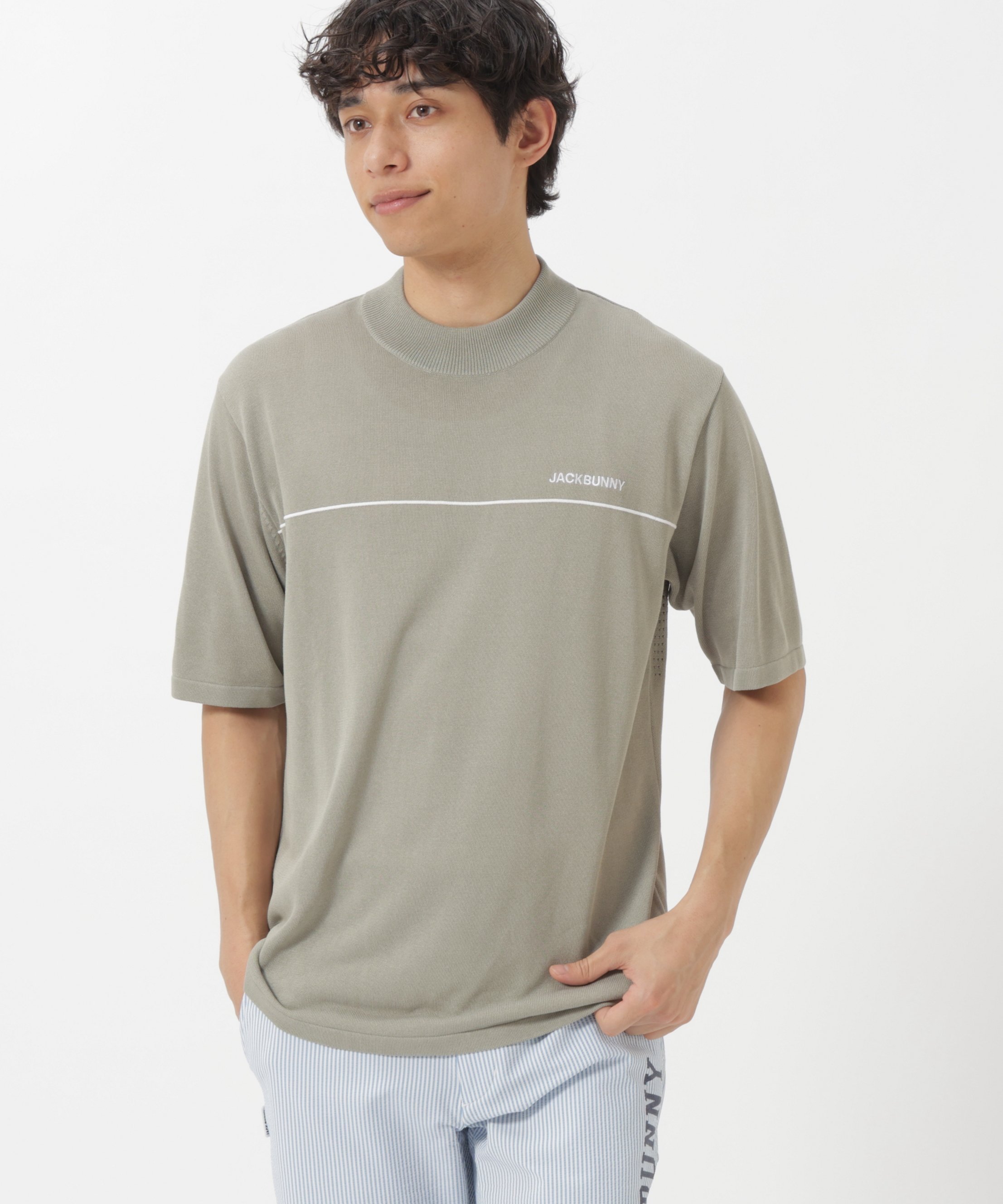 【SALE／30%OFF】Jack Bunny!! 半袖モックネックニット ジャックバニー トップス ニット ベージュ ブラック グレー【送料無料】