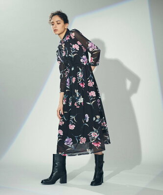 GRACE CONTINENTAL チュールプリントシャツワンピース グレースコンチネンタル ワンピース・ドレス シャツワンピース ブラック カーキ【送料無料】