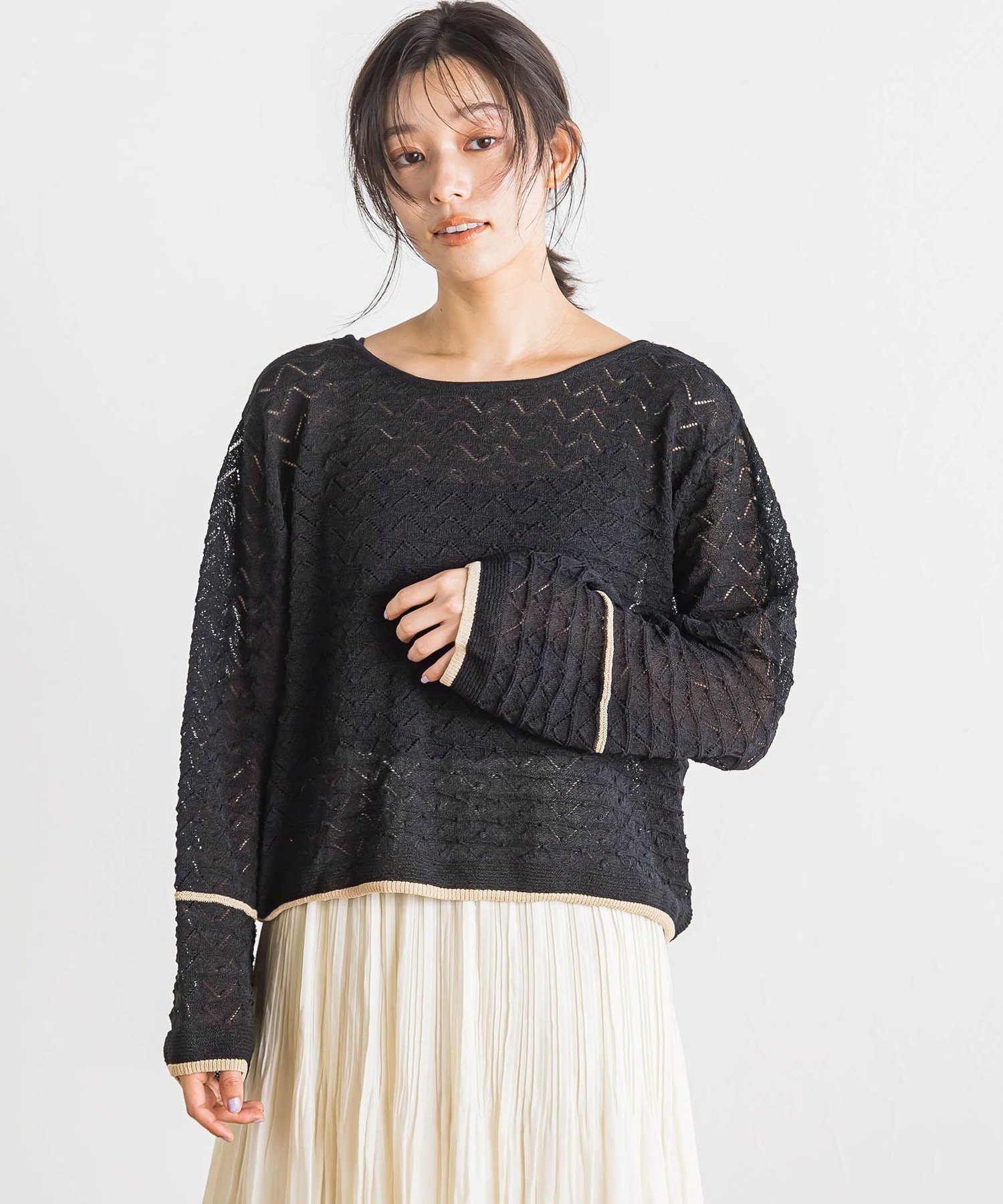 【SALE／50%OFF】Droite lautreamont 【WEB限定】2WAY透かし柄ラインニット≪手洗い可能≫ ドロワット・ロートレアモン トップス ニット ホワイト ブラック【送料無料】