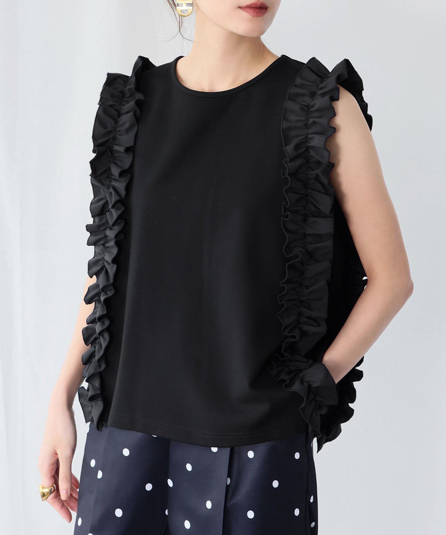 ELFRANK サイドフリルノースリーブカットソー【洗える】 ガール トップス カットソー・Tシャツ ブラック【送料無料】のサムネイル
