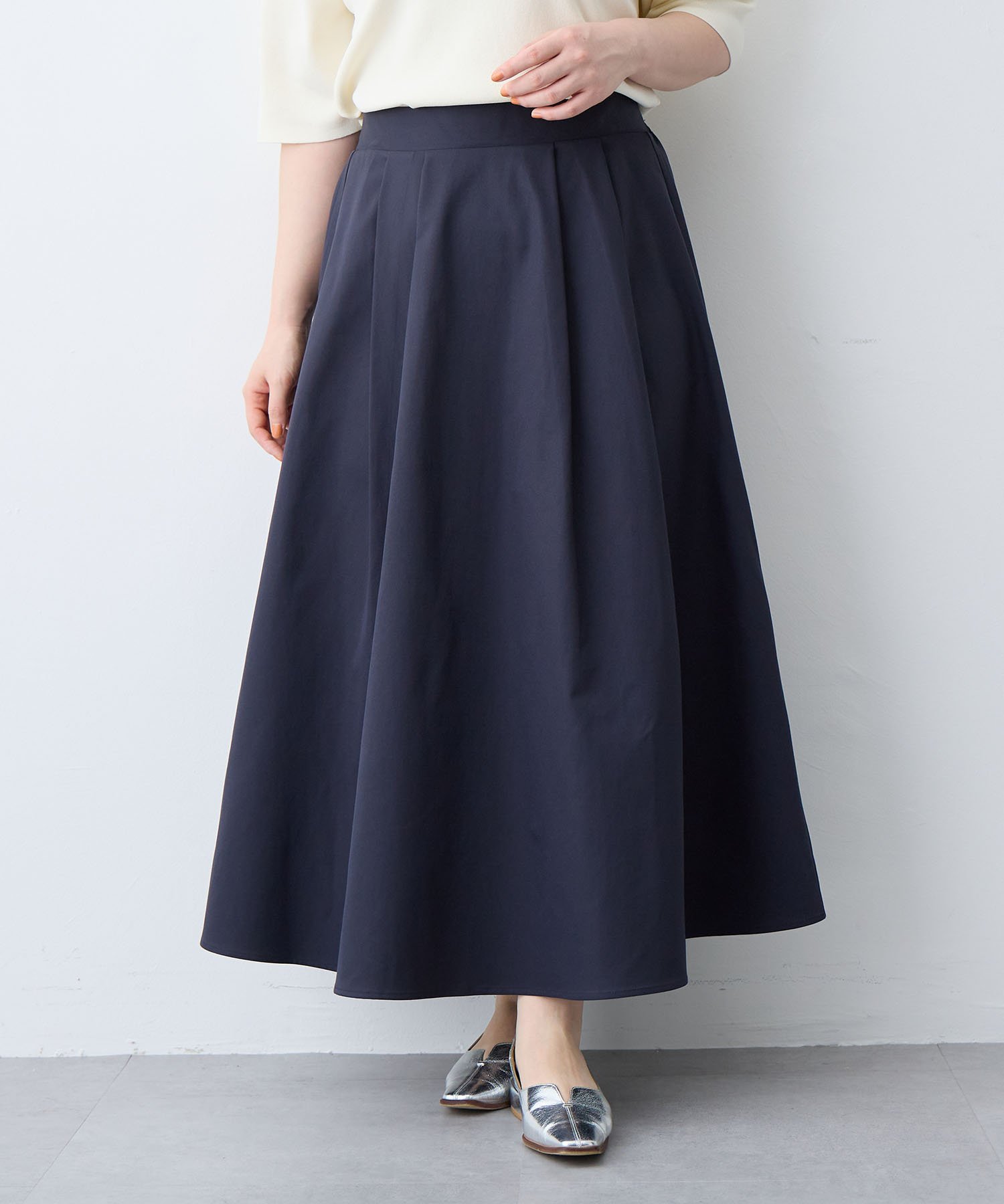 cross marche 【anyfee/大きいサイズ】タックフレアスカート(2026SS) クロスマルシェ スカート ロング・マキシスカート ベージュ ネイビー【送料無料】