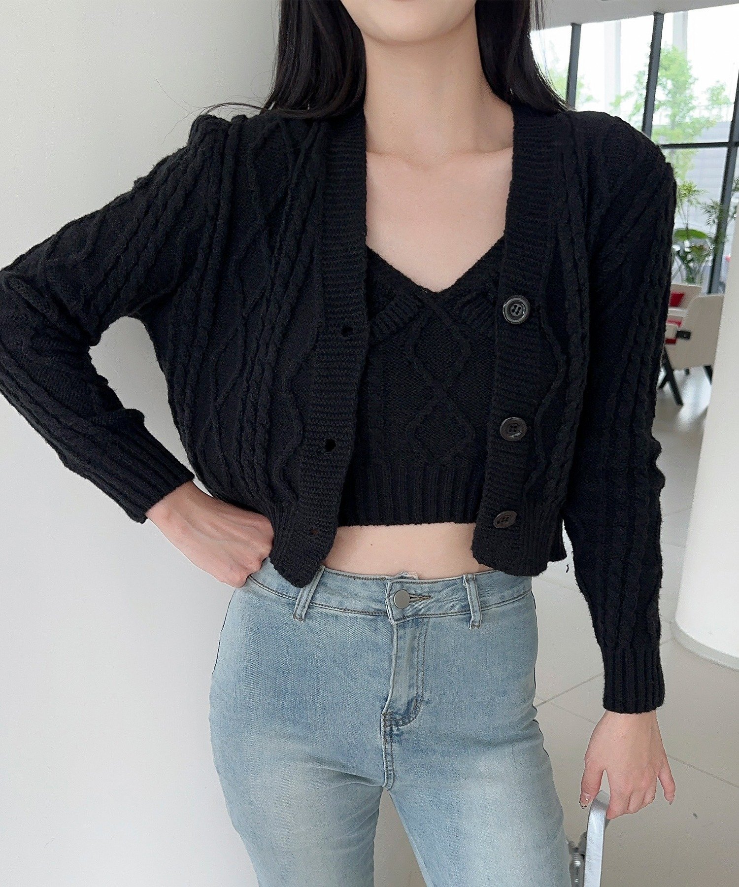 Jasmine Grandiflorum 【Jasmine】ケーブル編みニットカーディガン+ニットキャミソール アイモハ トッ..