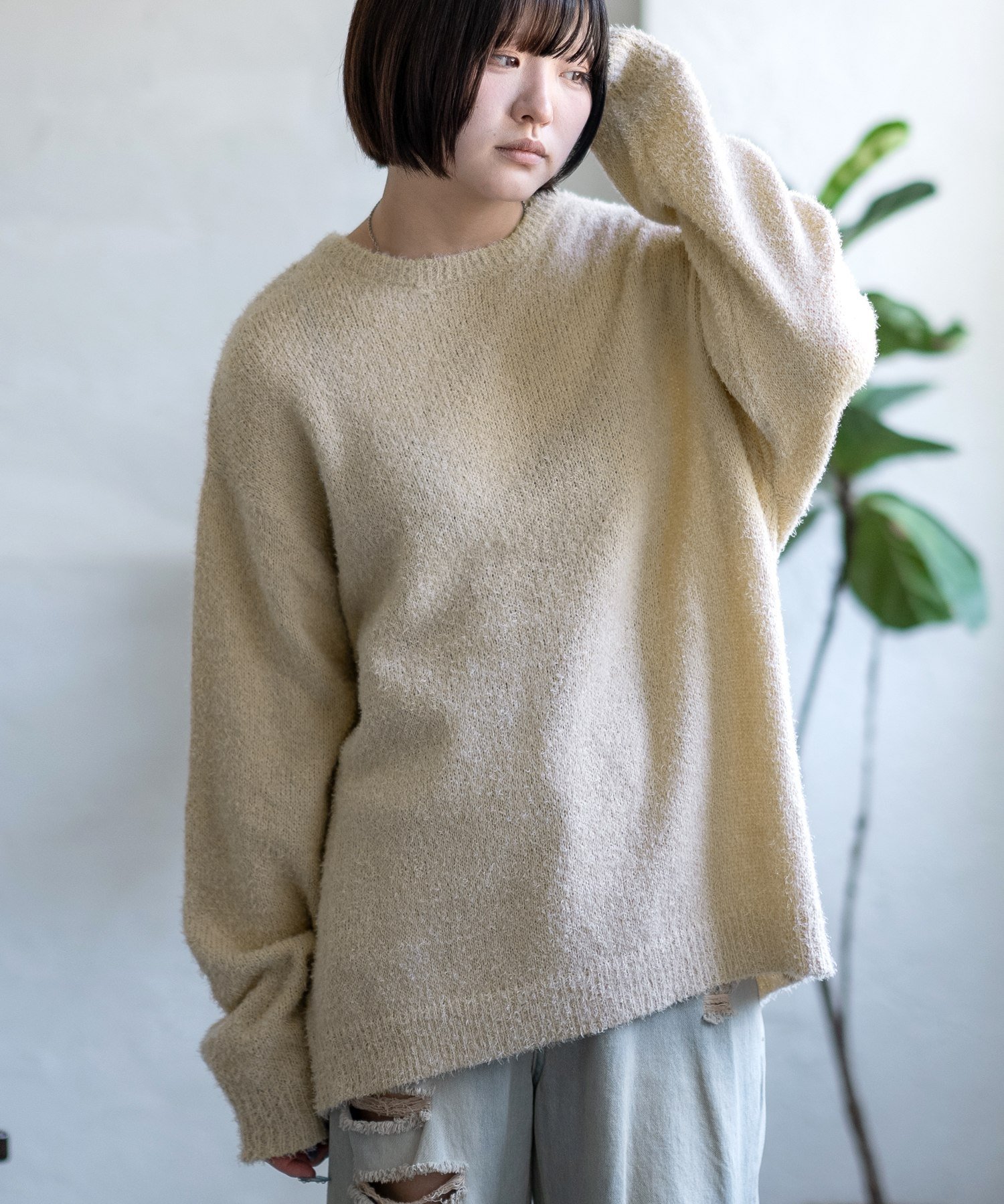 【SALE/25%OFF】improves 無地&ボーダー柄 フェザーヤーン クルーネック ニット インプローブス トップス ニット ブラック グレー ベージュ...