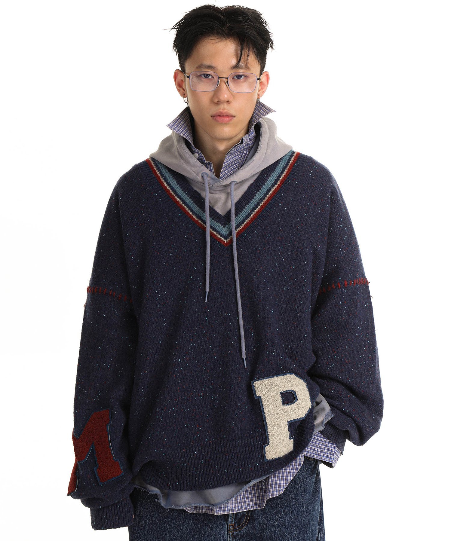 【SALE／10%OFF】MASONPRINCE オーバーサイズ Vネック ロゴパッチ ニット MY2124【MASONPRINCE】 チュクラ トップス ニット ブラウン ブルー【送料無料】