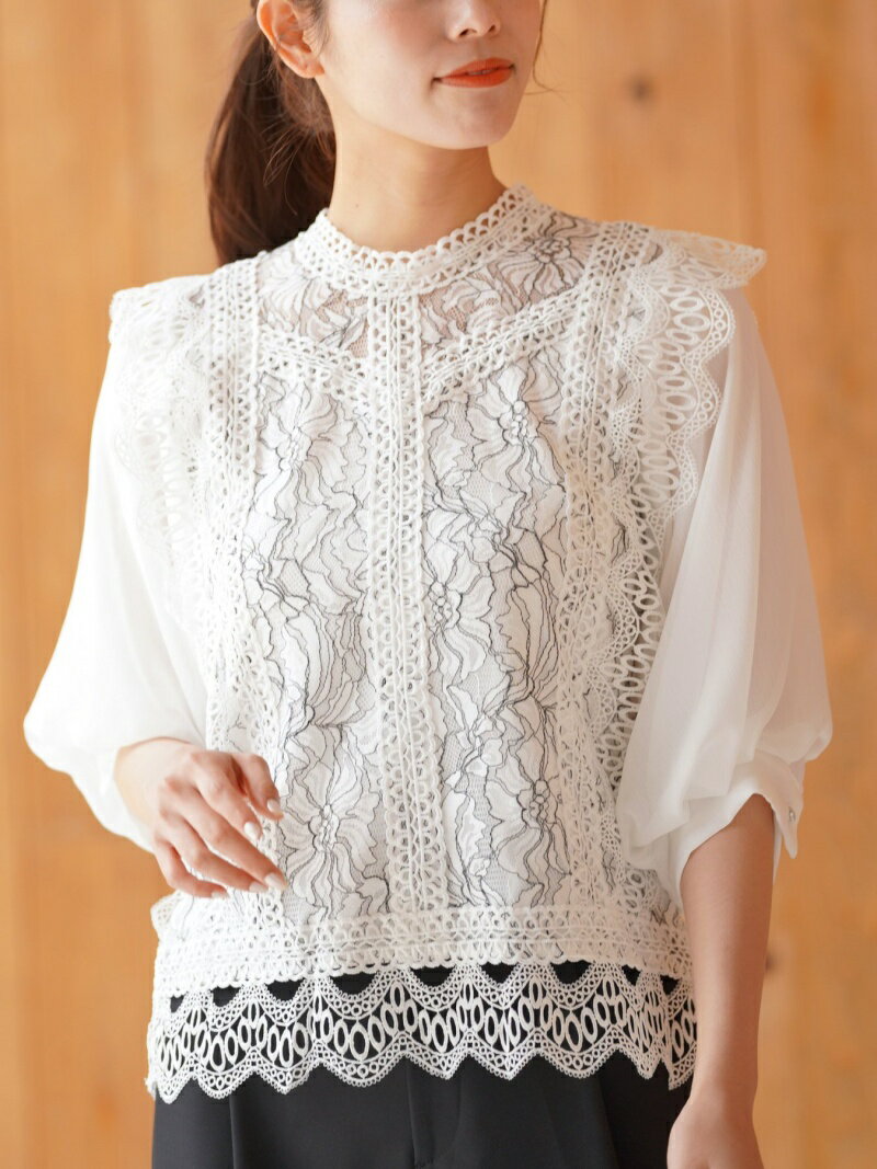 【SALE／30%OFF】rps 花柄レース*ボリューム袖シフォンブラウス アールピーエス トップス シャツ・ブラウス ブルー ブラック ホワイトのサムネイル