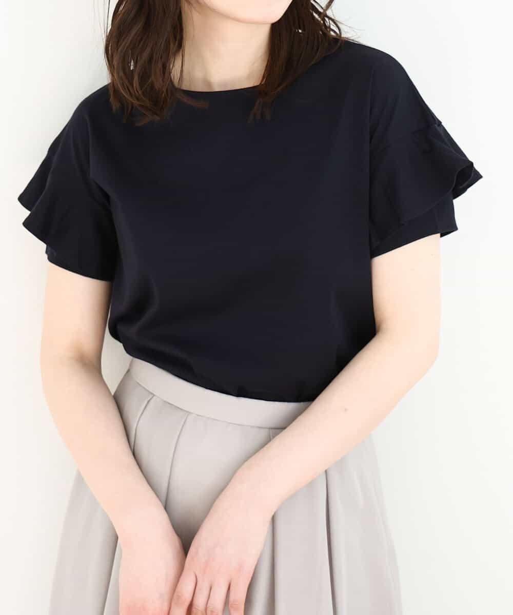 OFUON フリルデザインスリーブカットソー/接触冷感/洗える/WEB限定サイズあり オフオン トップス カットソー・Tシャツ ネイビー ホワイト【送料無料】のサムネイル