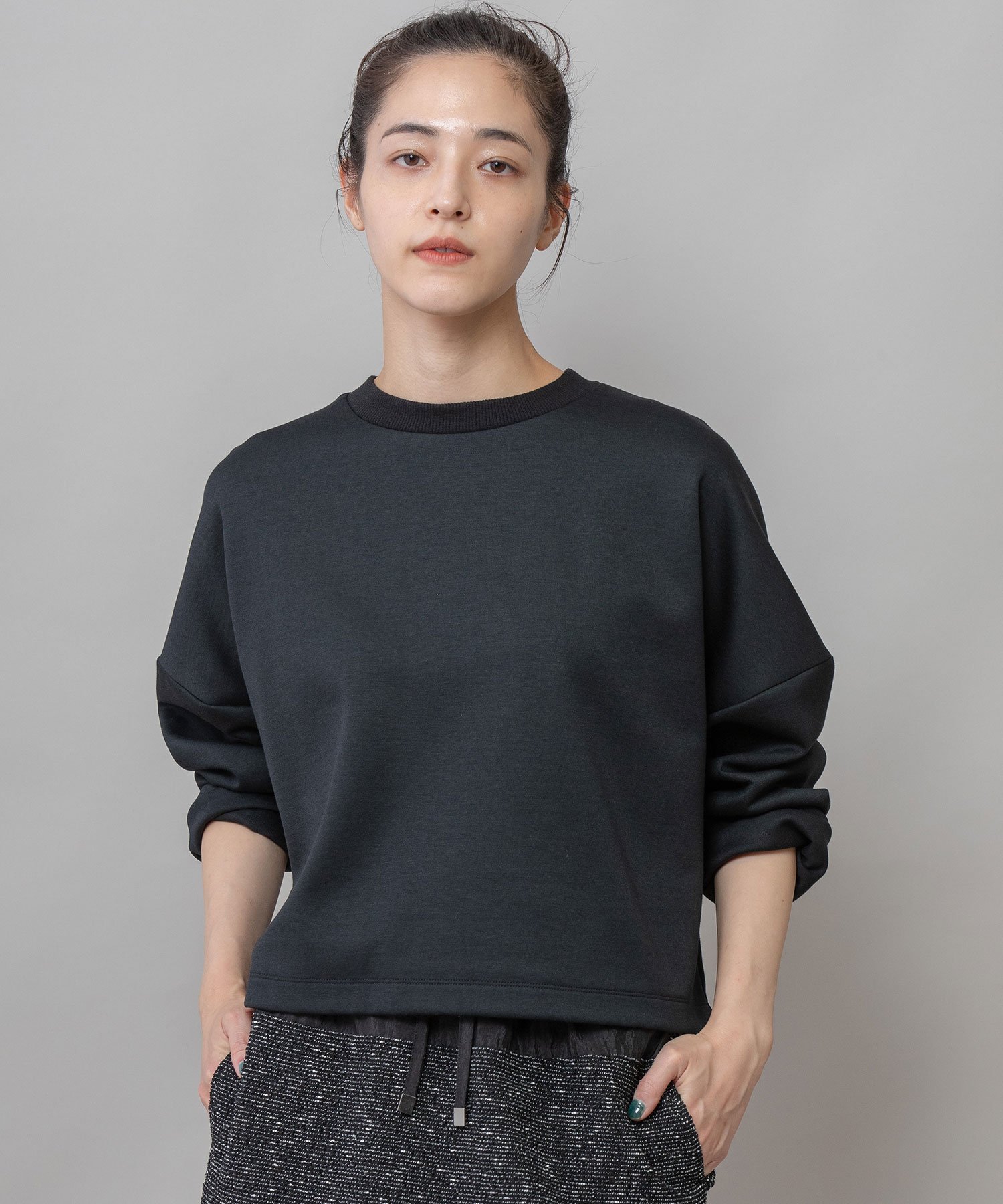 【SALE／34%OFF】Munich コットンダンボールニットバックシャーリングプルオーバー ミューニック トップス カットソー・Tシャツ ブラック【送料無料】